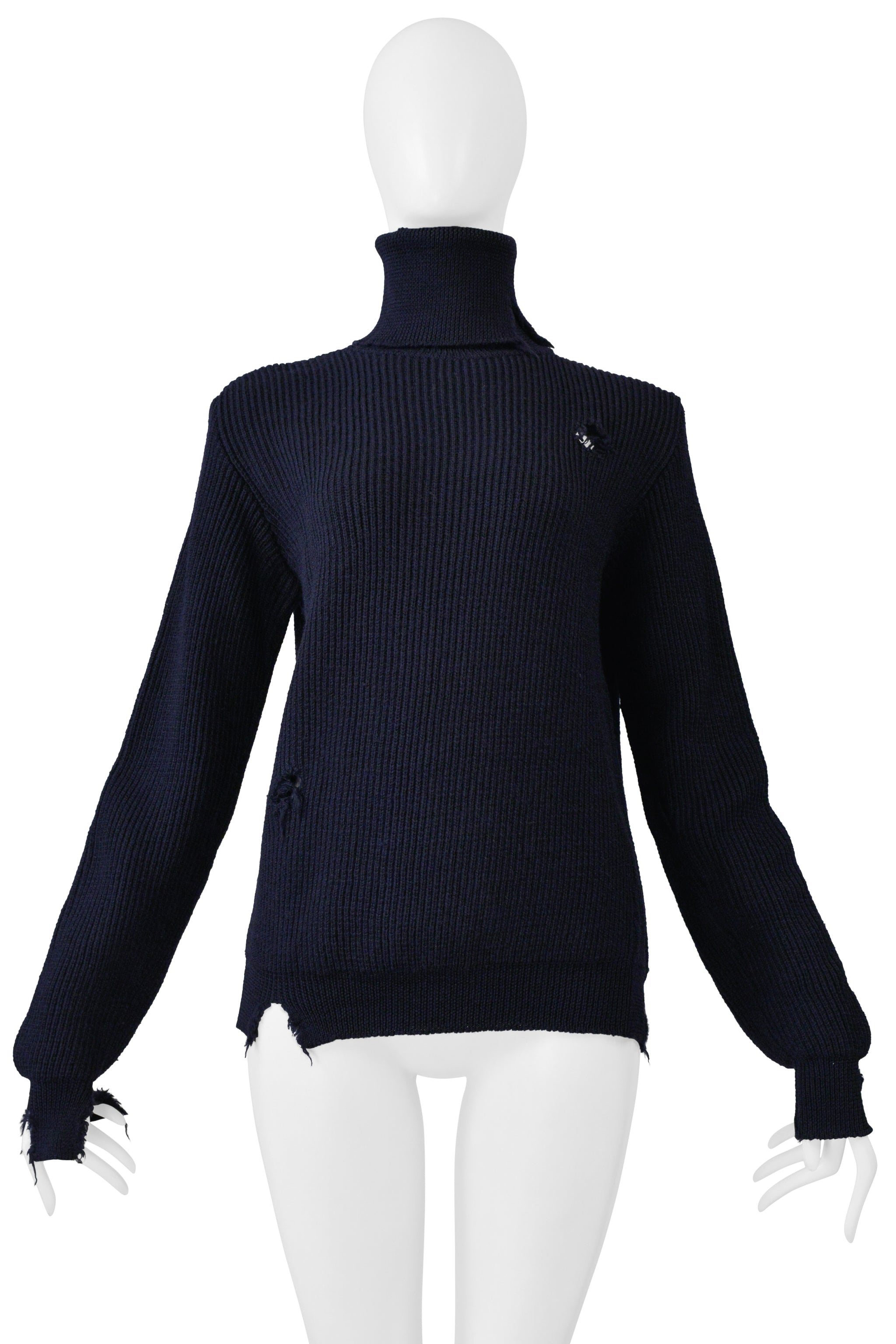 MAISON MARTIN MARGIELA NAVY BLUE DISTRESSED HIGH NECK PULLOVER SWEATER 2000