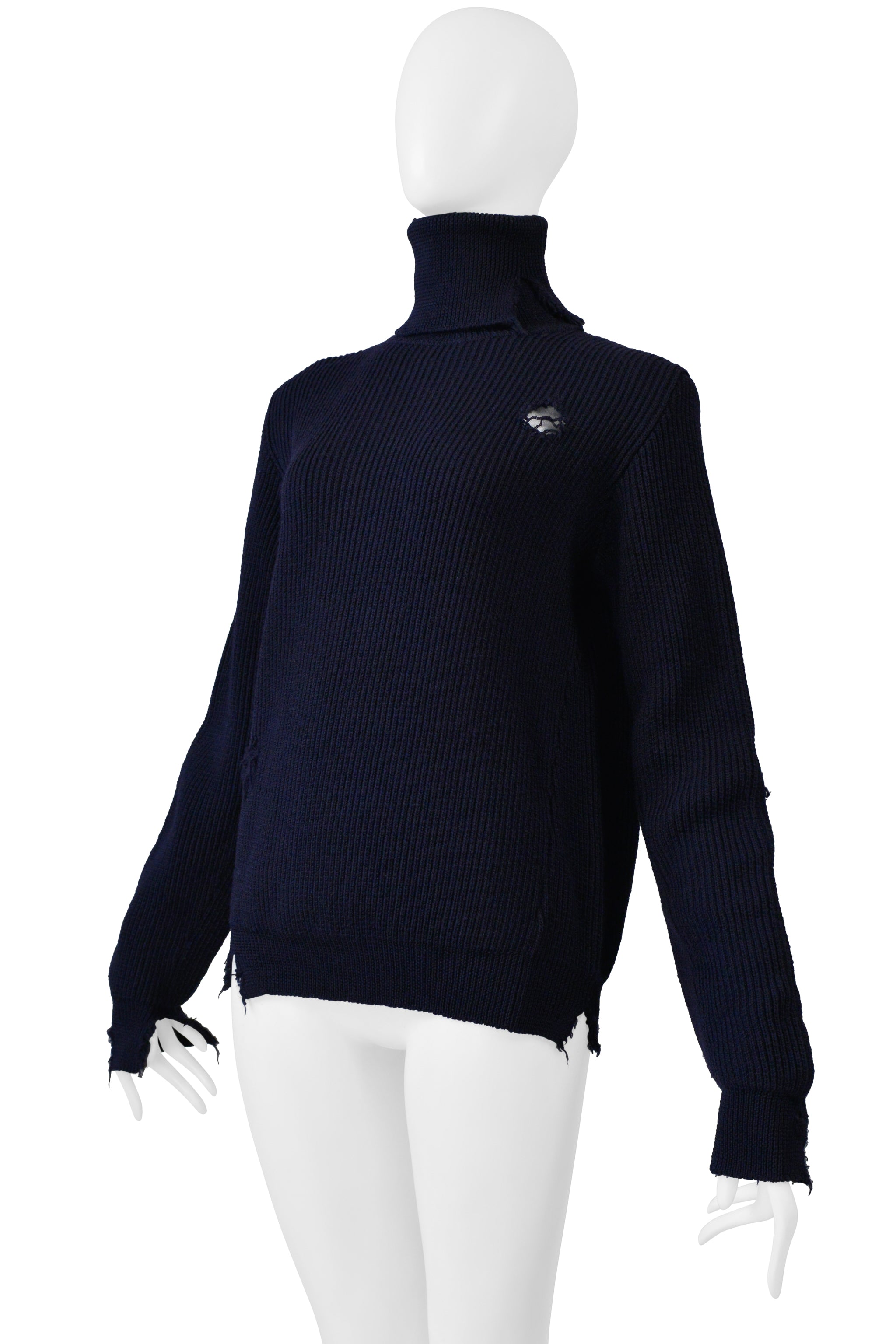 MAISON MARTIN MARGIELA NAVY BLUE DISTRESSED HIGH NECK PULLOVER SWEATER 2000