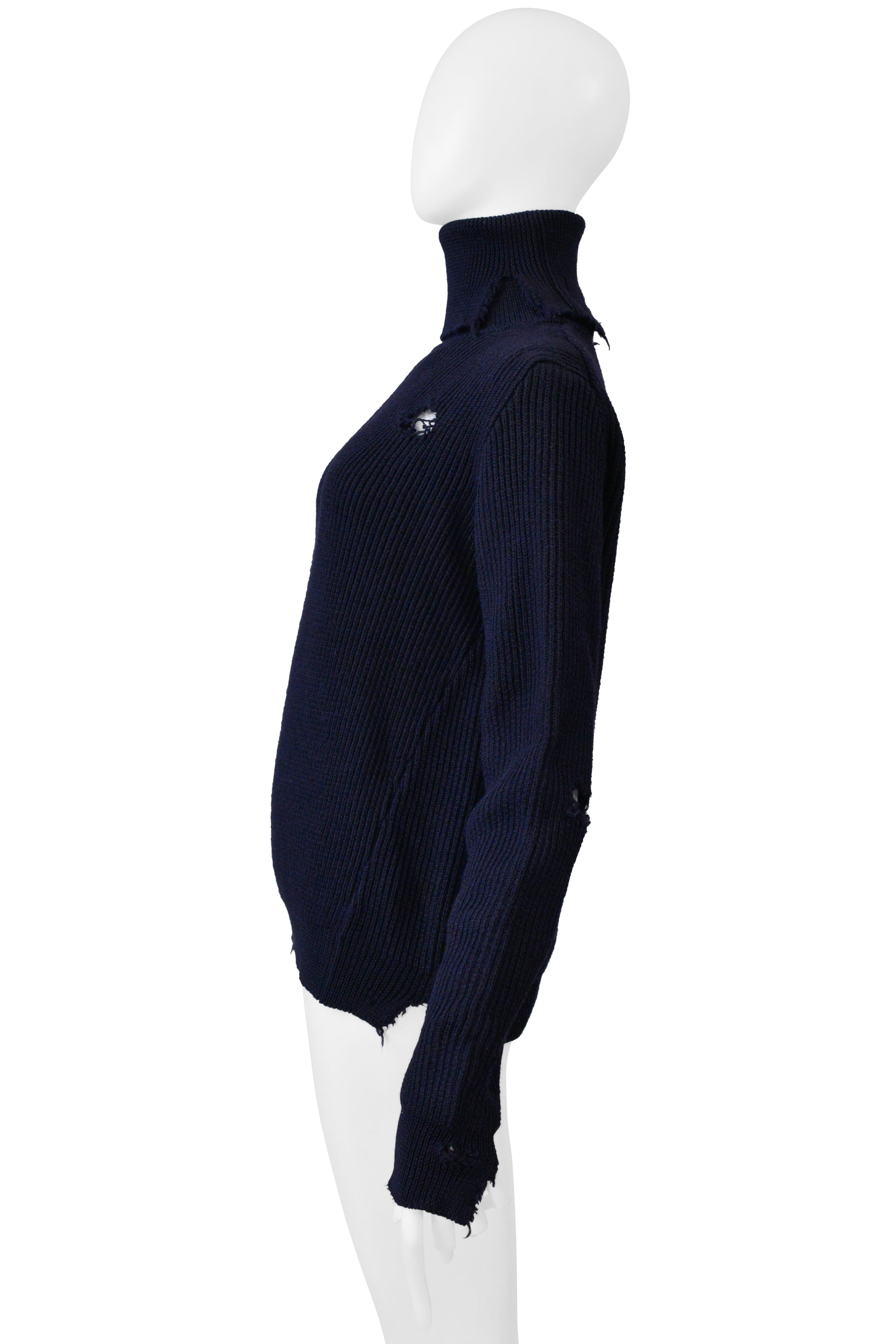 MAISON MARTIN MARGIELA NAVY BLUE DISTRESSED HIGH NECK PULLOVER SWEATER 2000