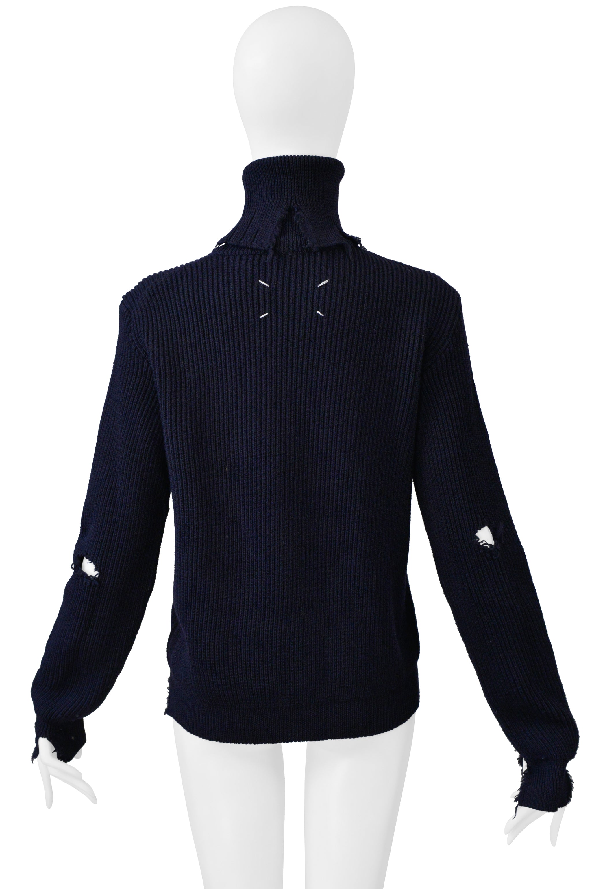 MAISON MARTIN MARGIELA NAVY BLUE DISTRESSED HIGH NECK PULLOVER SWEATER 2000
