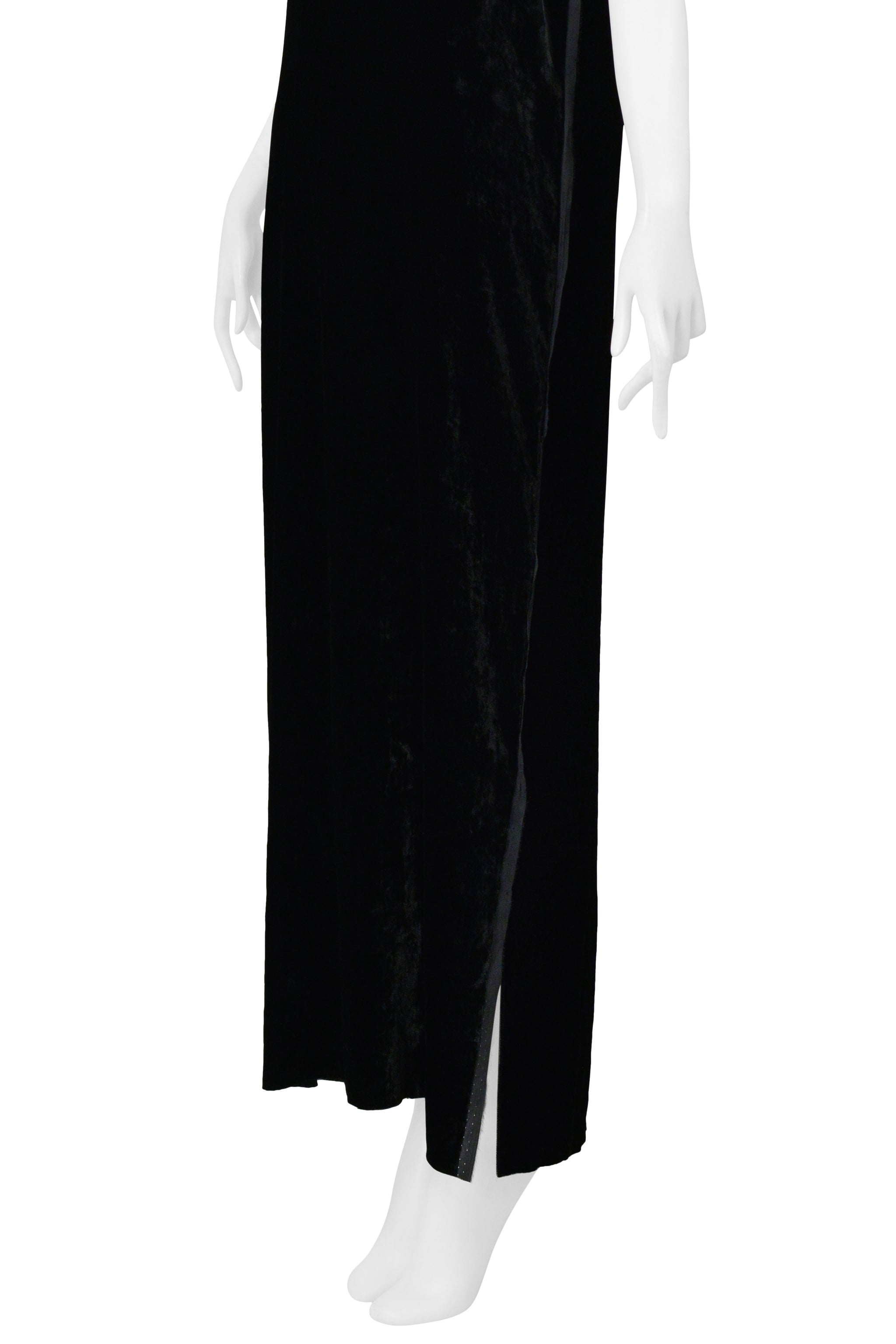 MAISON MARTIN MARGIELA BLACK VELVET SLEEVELESS EVENING GOWN W EXPOSED SELVAGE EDGES 2000