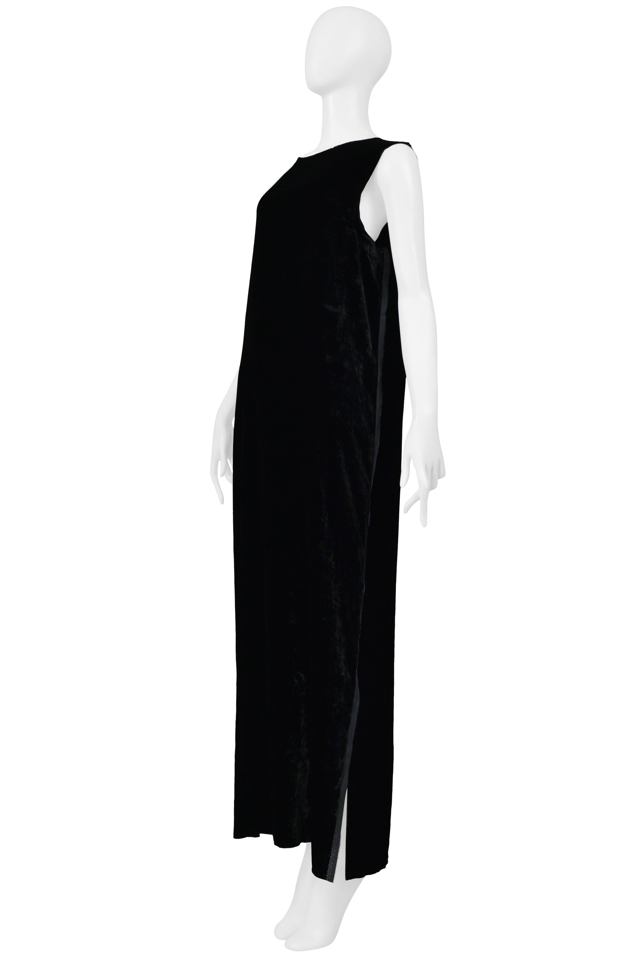 MAISON MARTIN MARGIELA BLACK VELVET SLEEVELESS EVENING GOWN W EXPOSED SELVAGE EDGES 2000
