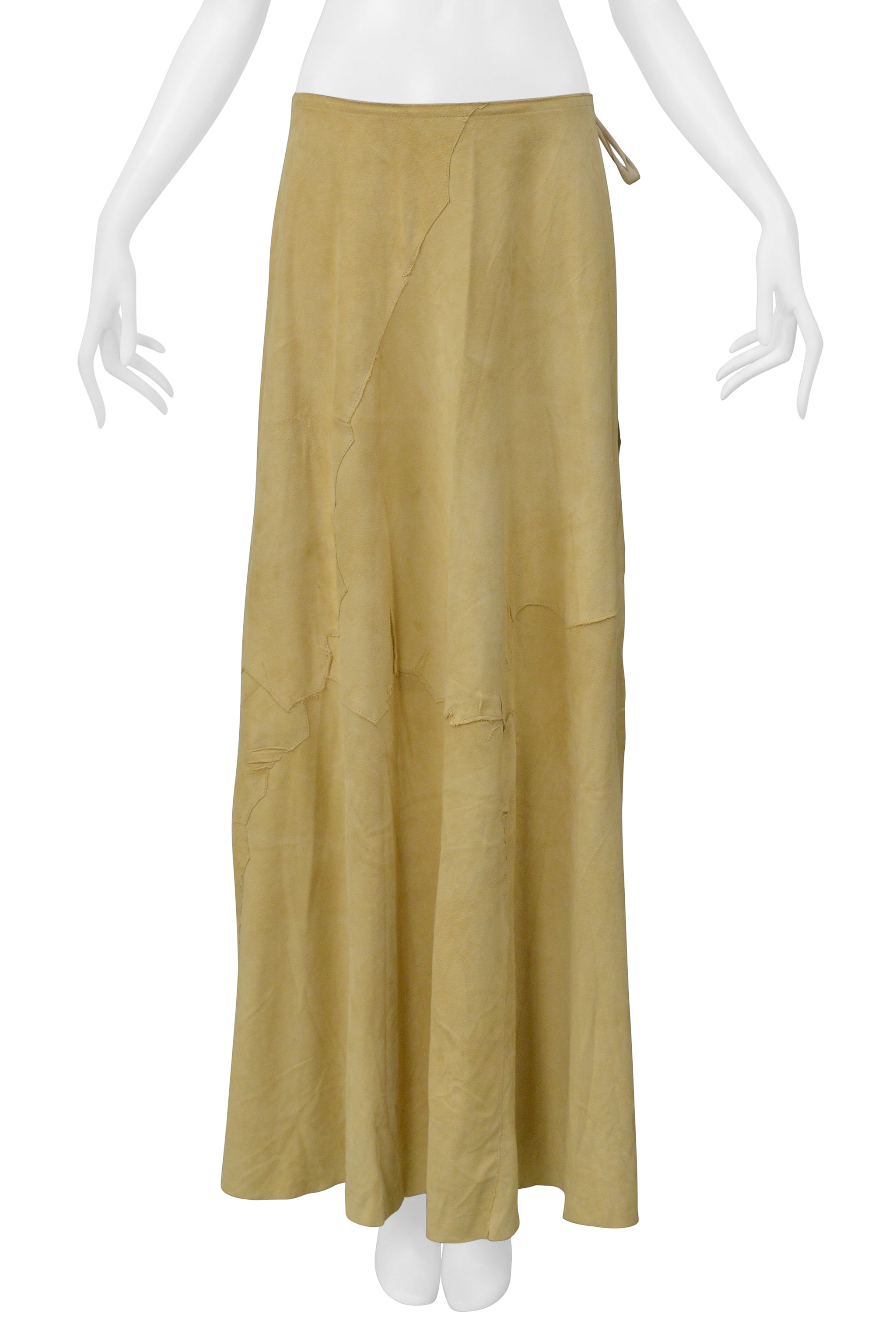 MAISON MARTIN MARGIELA CAMEL COLORED SUEDE PATCH WRAP SKIRT 2000
