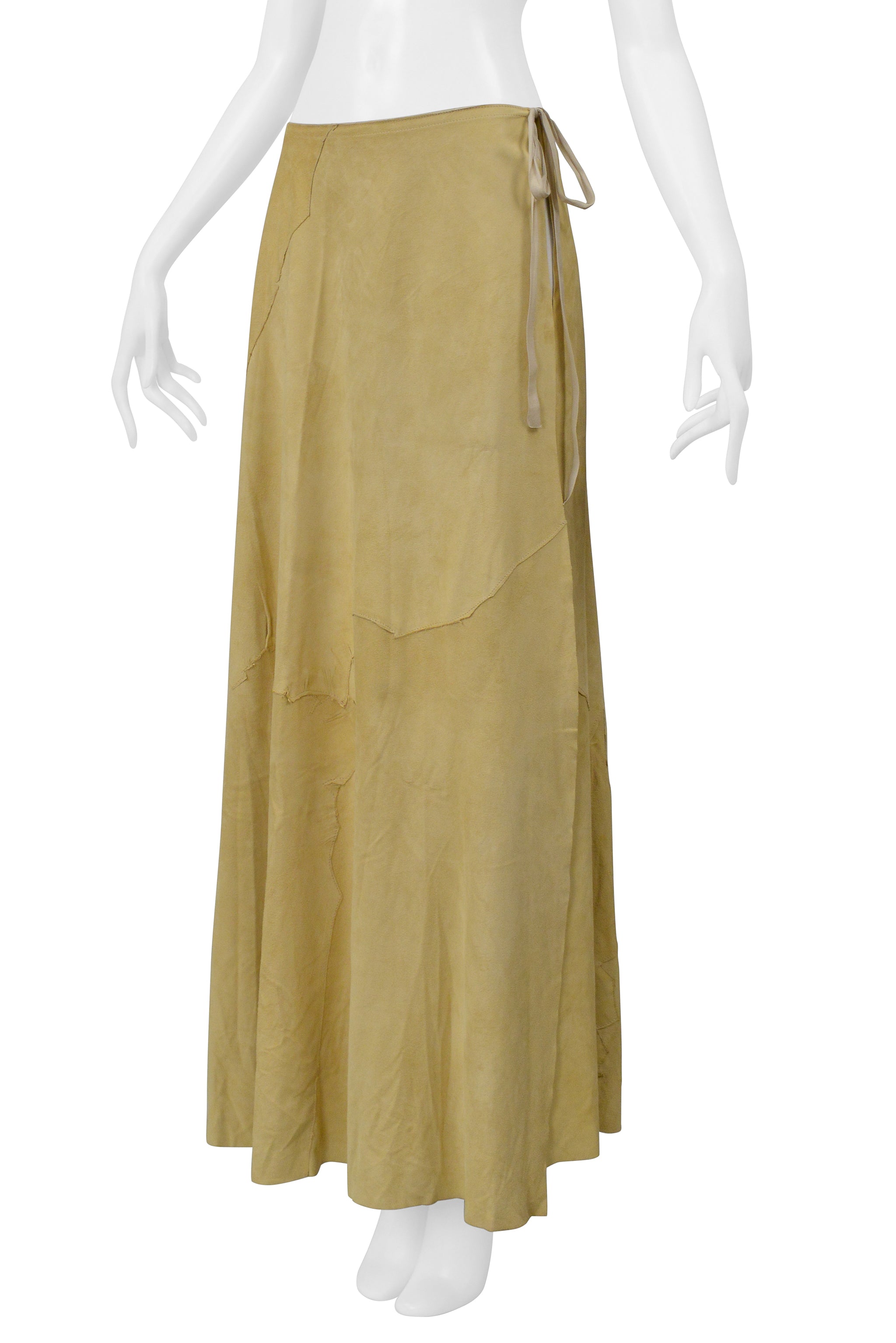 MAISON MARTIN MARGIELA CAMEL COLORED SUEDE PATCH WRAP SKIRT 2000