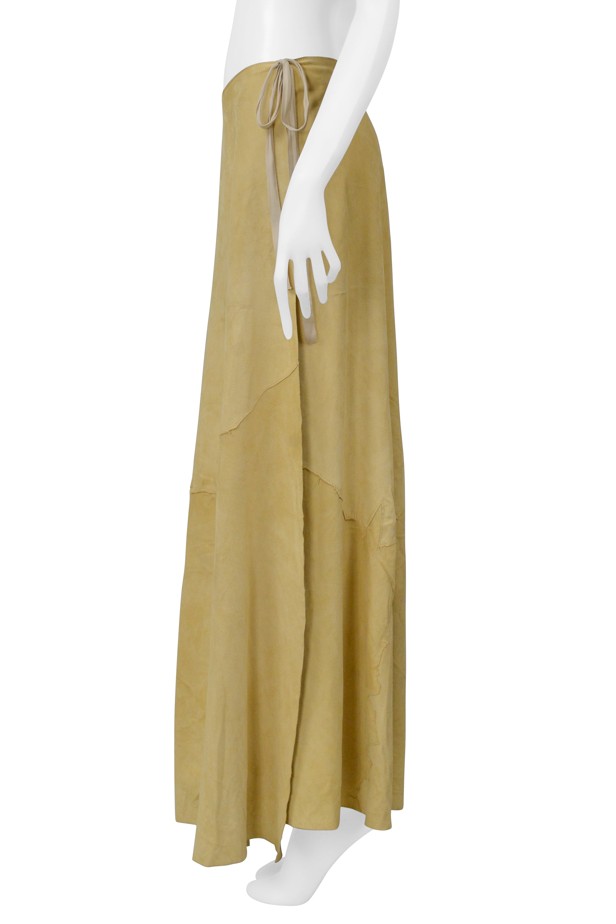 MAISON MARTIN MARGIELA CAMEL COLORED SUEDE PATCH WRAP SKIRT 2000