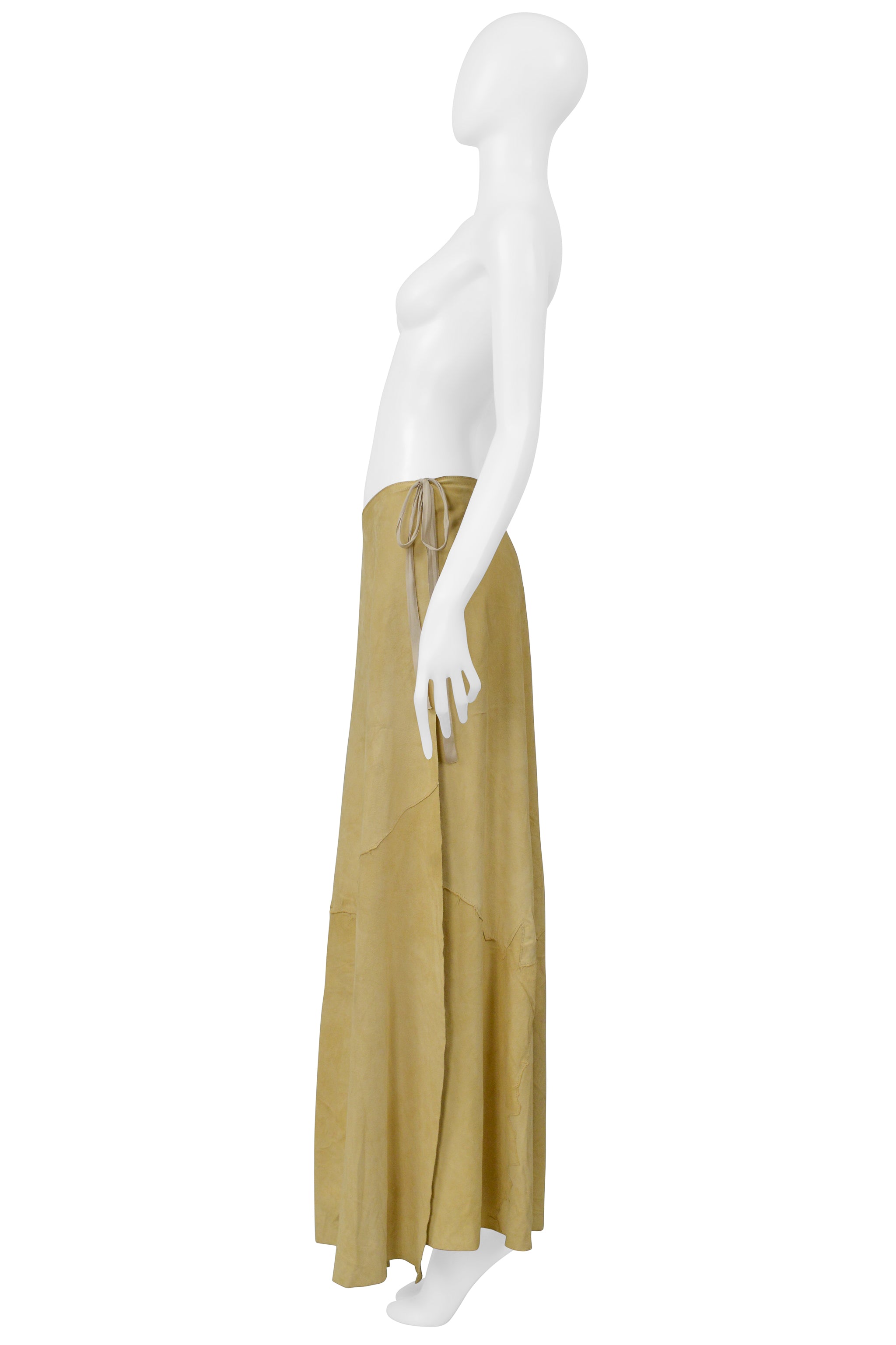 MAISON MARTIN MARGIELA CAMEL COLORED SUEDE PATCH WRAP SKIRT 2000