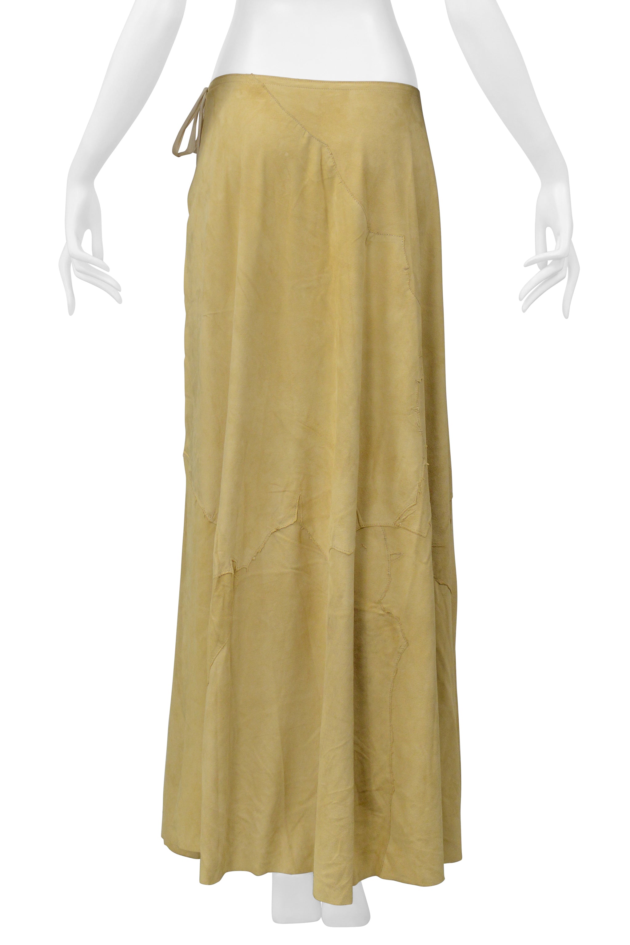 MAISON MARTIN MARGIELA CAMEL COLORED SUEDE PATCH WRAP SKIRT 2000