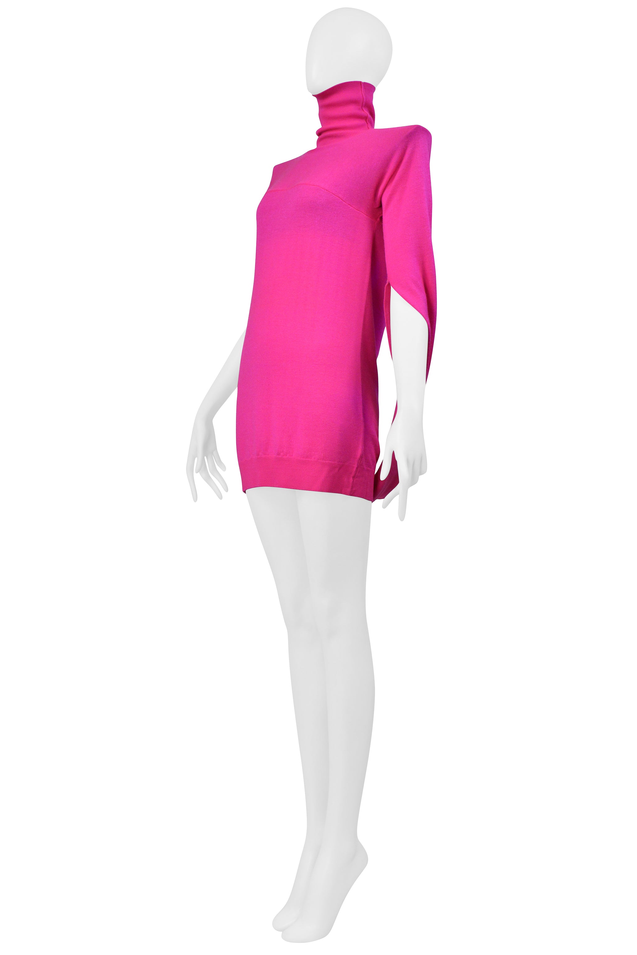 MAISON MARTIN MARGIELA FUCHSIA PINK SWEATER DRESS WITH HIGH NECK AND SHOULDER PADS 2007
