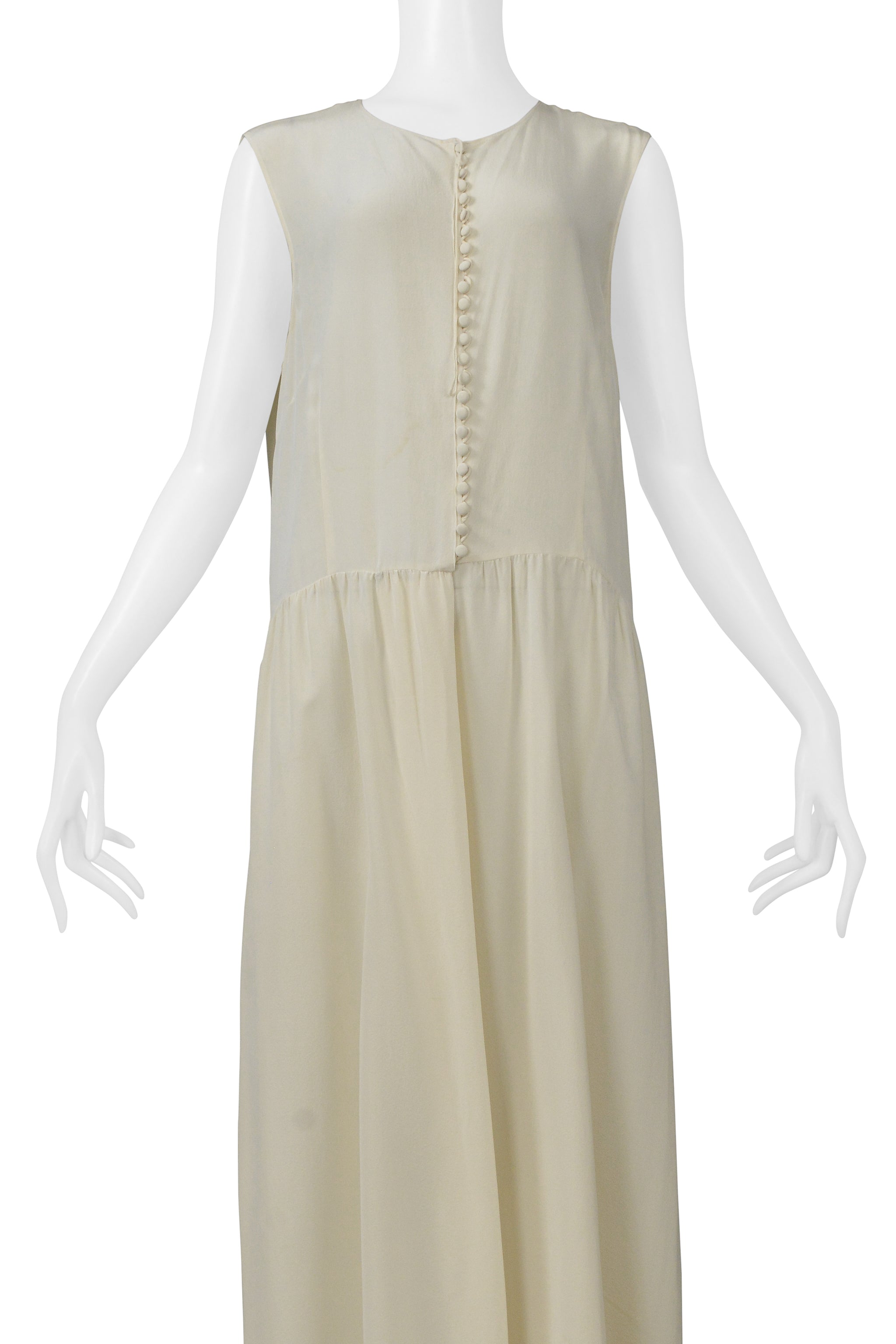 MAISON MARTIN MARGIELA OVER SIZED OFF WHITE CREPE DRESS WITH BUTTON FRONT CIR. SS 2000