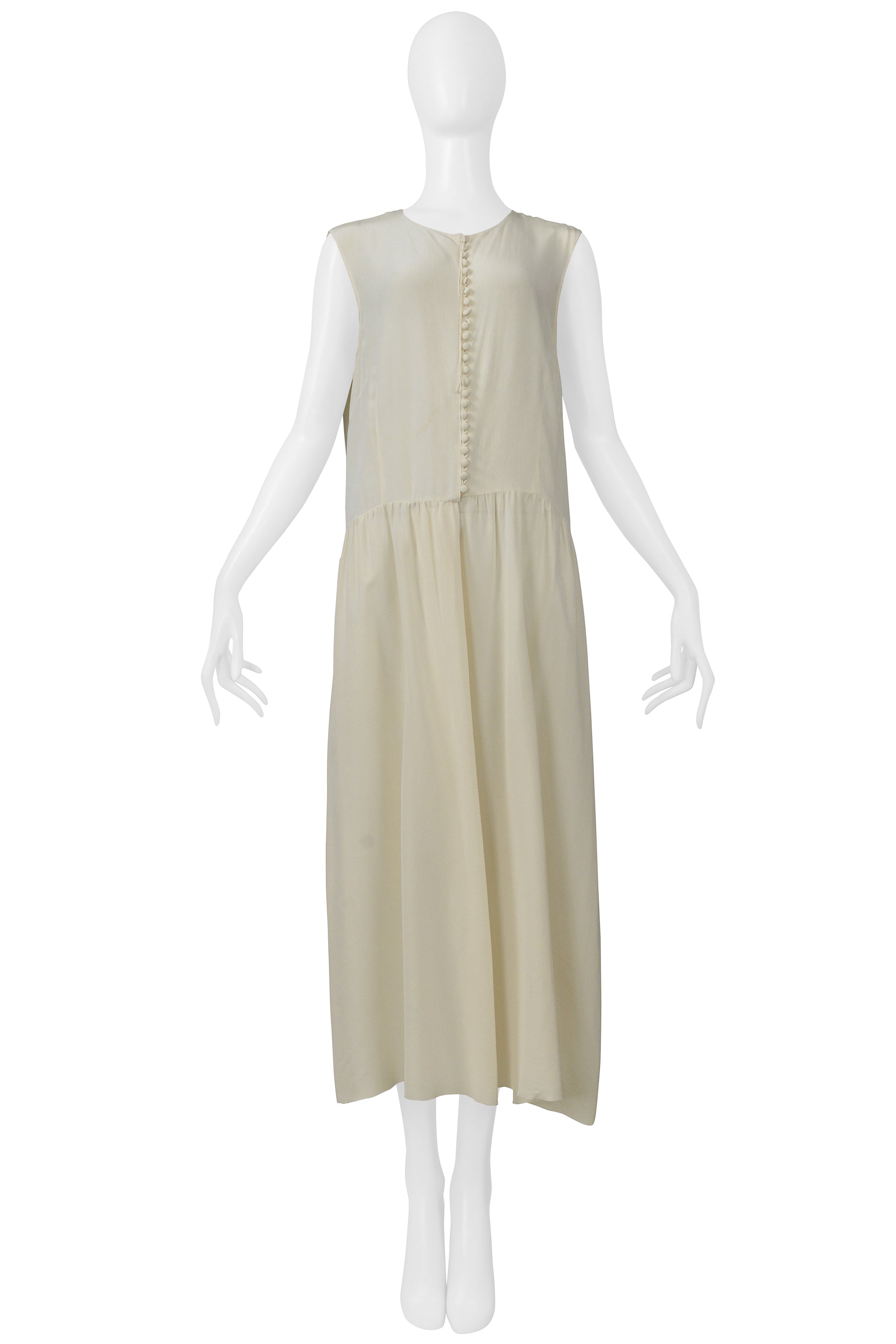 MAISON MARTIN MARGIELA OVER SIZED OFF WHITE CREPE DRESS WITH BUTTON FRONT CIR. SS 2000