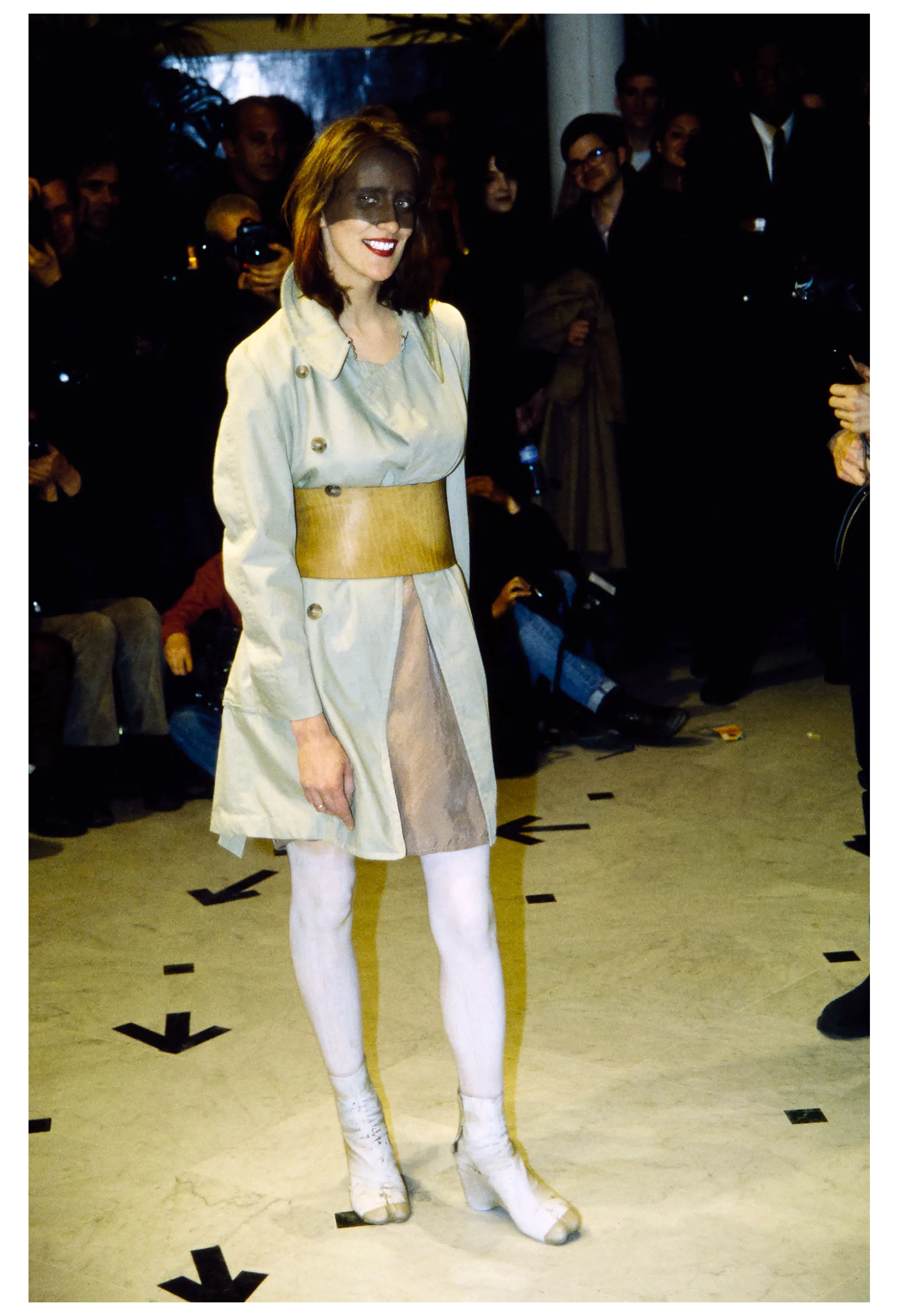 MAISON MARTIN MARGIELA GREY MOHAIR COAT WITH VERTICAL ZIPPERS AND LEATHER OBI BELT AW 1996