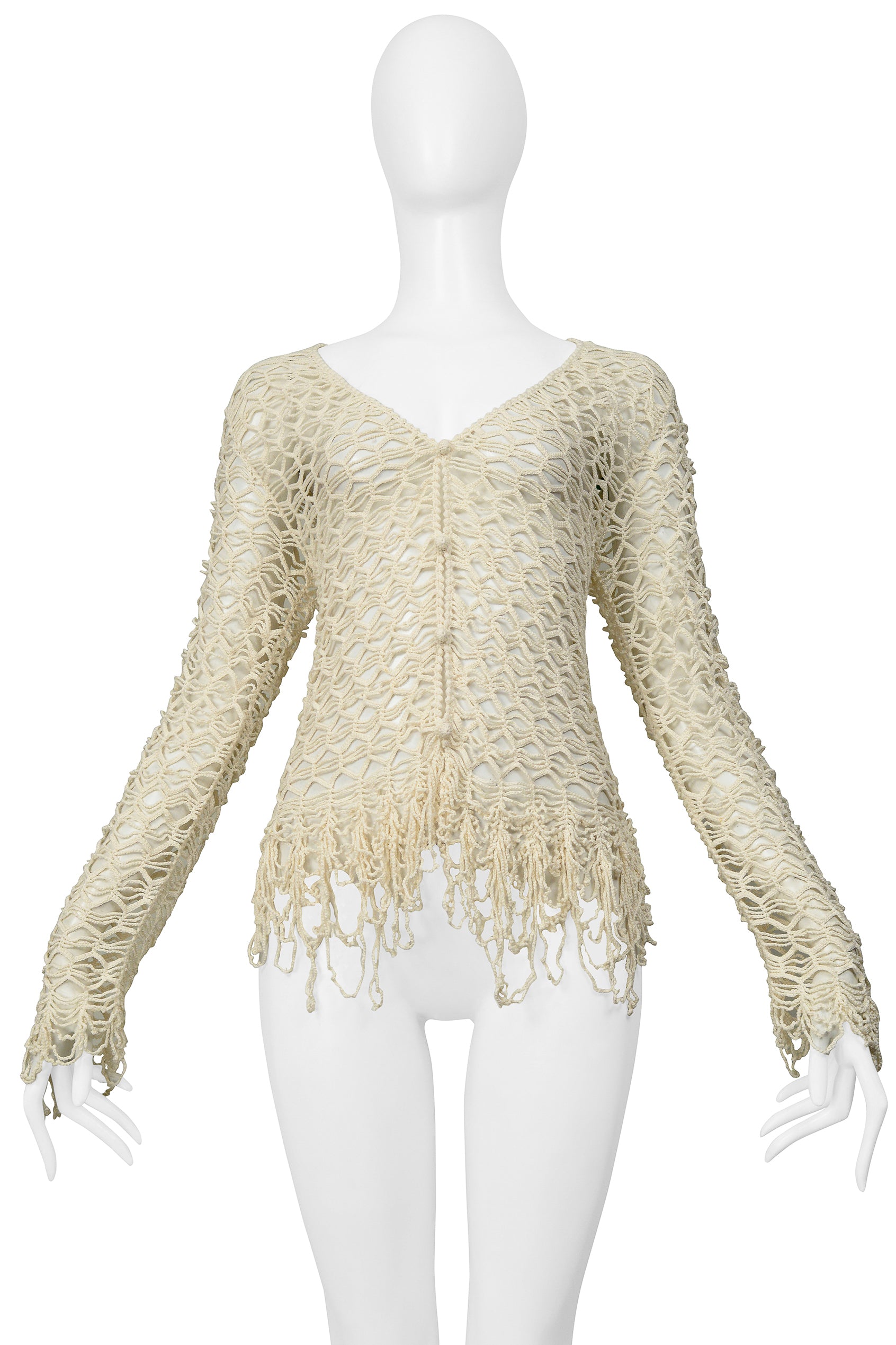 MATSUDA OFF WHITE FANCY STRING KNIT CARDIGAN SWEATER WITH FRINGE