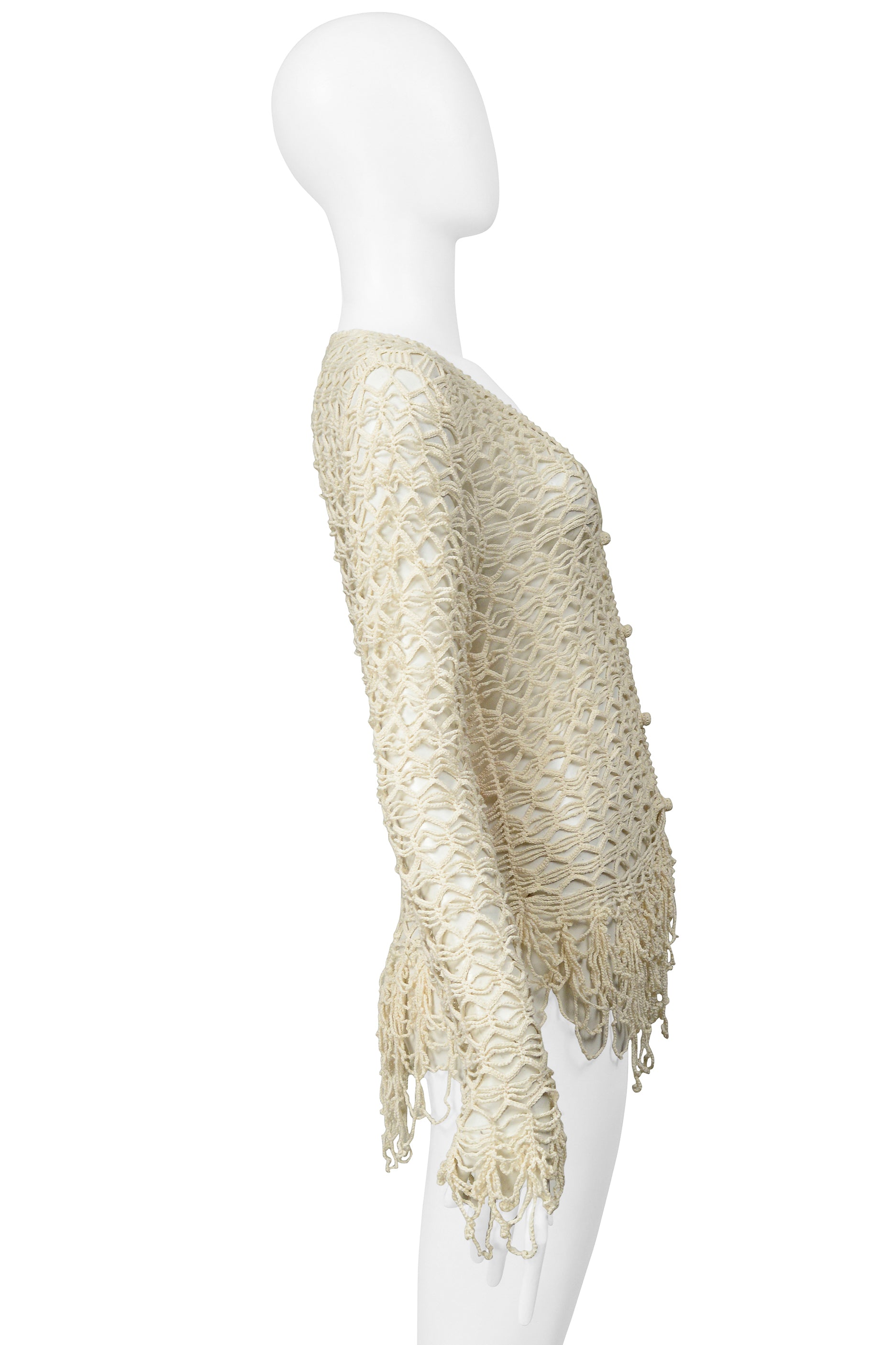 MATSUDA OFF WHITE FANCY STRING KNIT CARDIGAN SWEATER WITH FRINGE