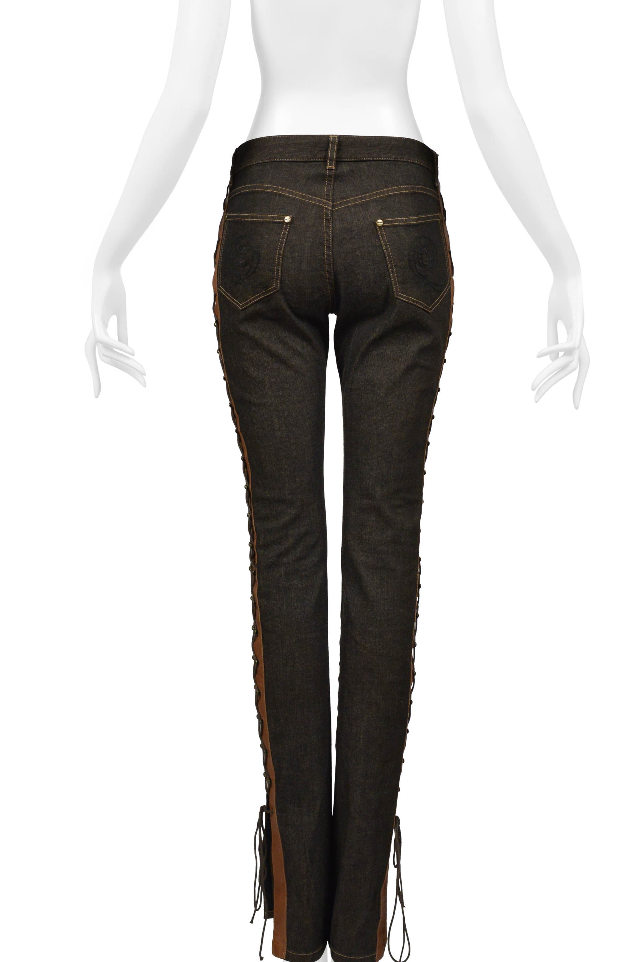 ALEXANDER MCQUEEN DENIM & BROWN LEATHER CORSET JEANS 2002