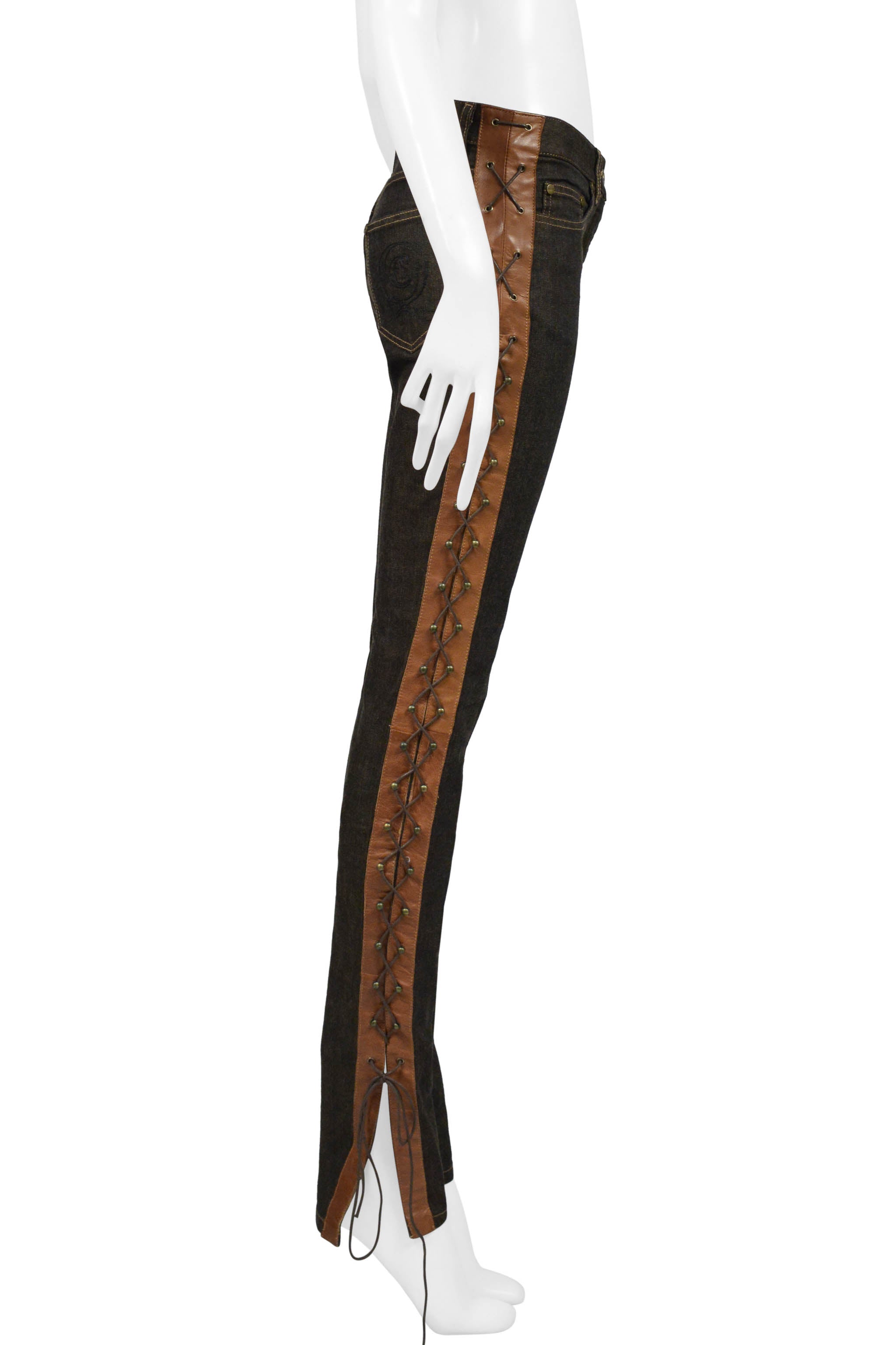 ALEXANDER MCQUEEN DENIM & BROWN LEATHER CORSET JEANS 2002