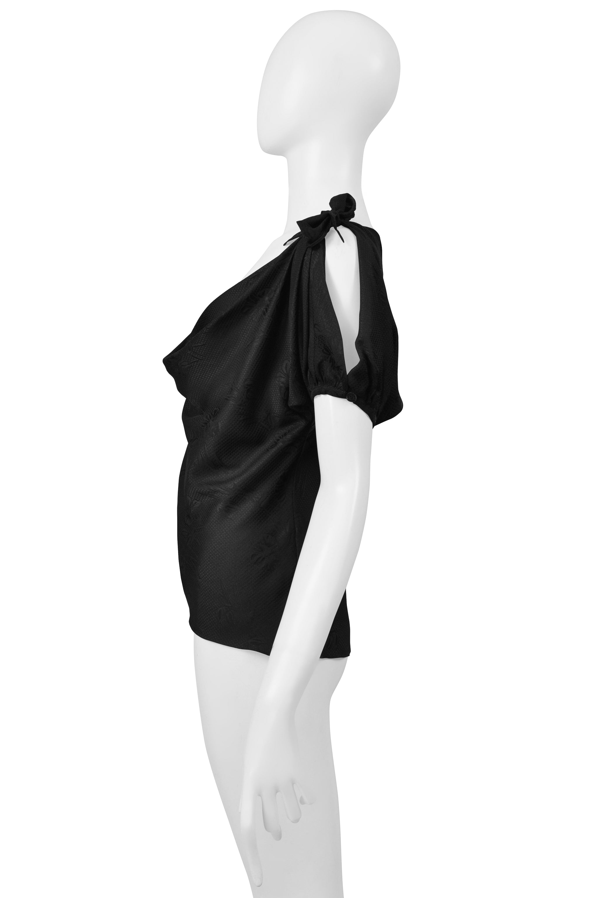 ALEXANDER MCQUEEN BLACK FLORAL SILK BLOUSE WITH SHOULDER TIES 2006