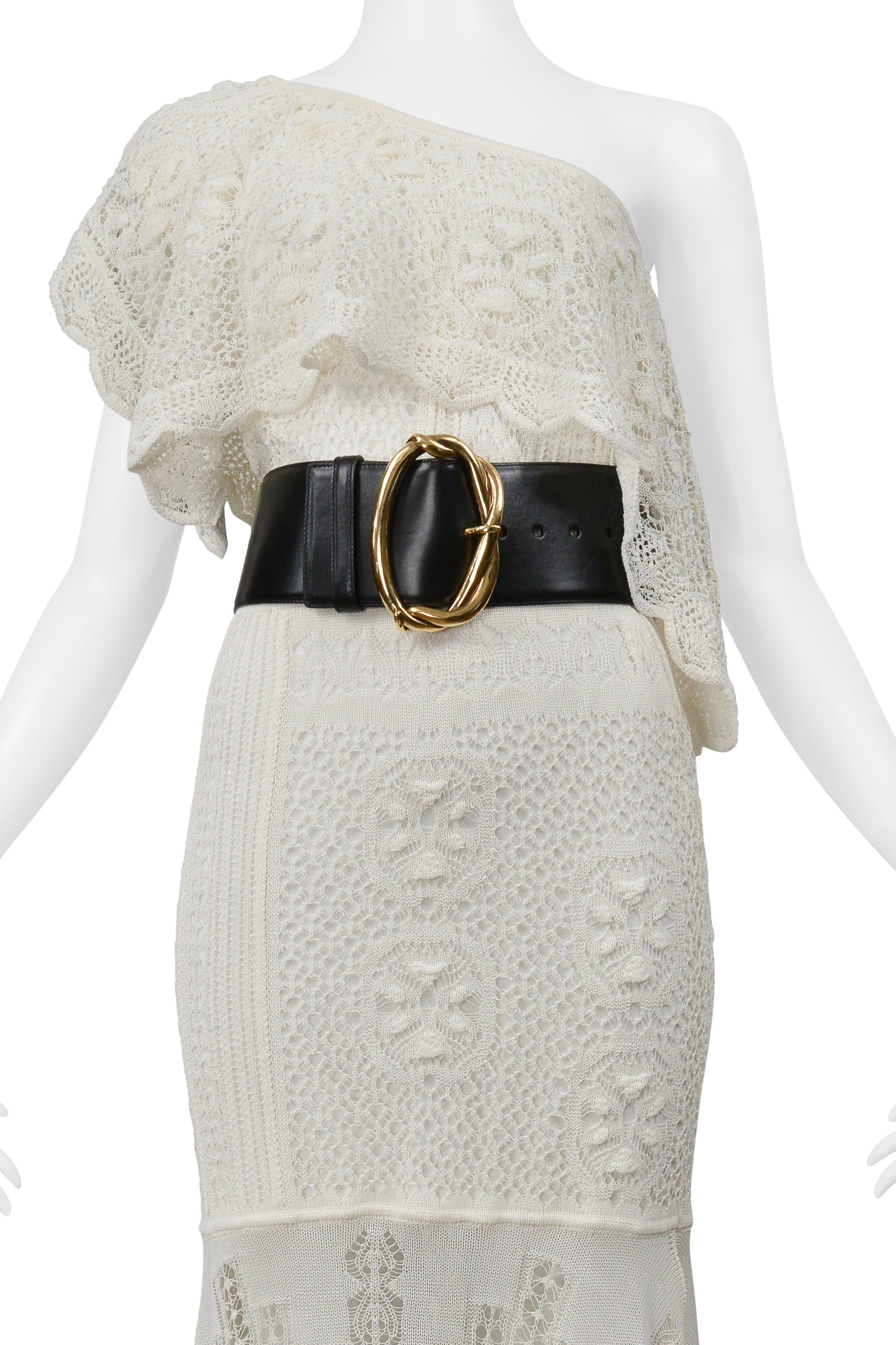 ALEXANDER MCQUEEN WHITE KNITTED DRESS WITH BLACK BELT AND GOLD BUCKLE 2020