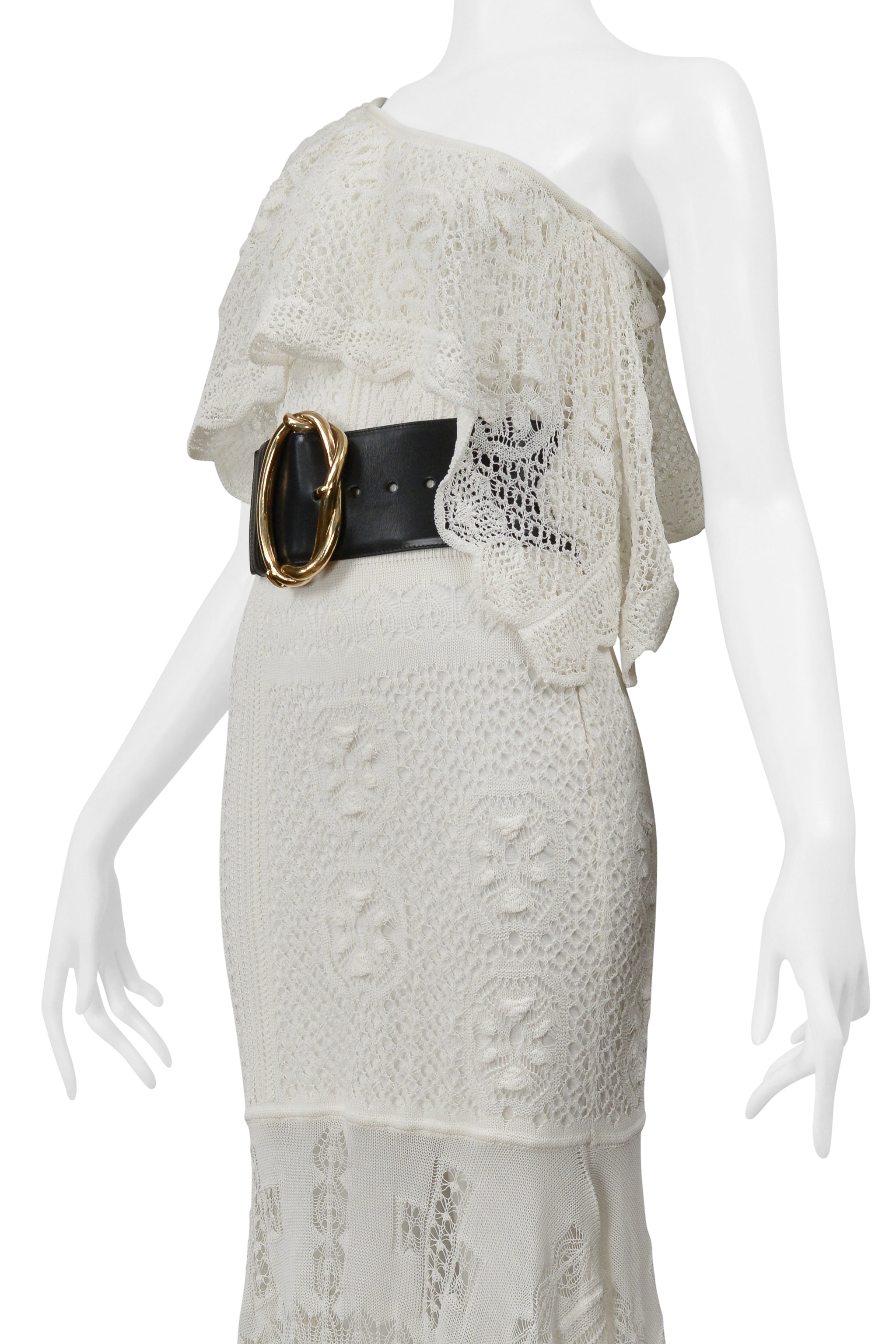 ALEXANDER MCQUEEN WHITE KNITTED DRESS WITH BLACK BELT AND GOLD BUCKLE 2020