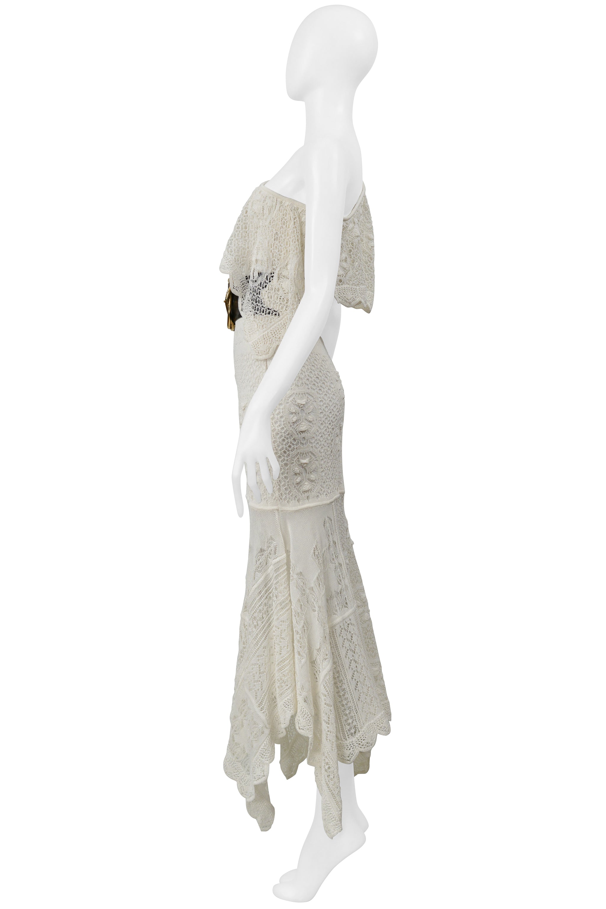 ALEXANDER MCQUEEN WHITE KNITTED DRESS WITH BLACK BELT AND GOLD BUCKLE 2020
