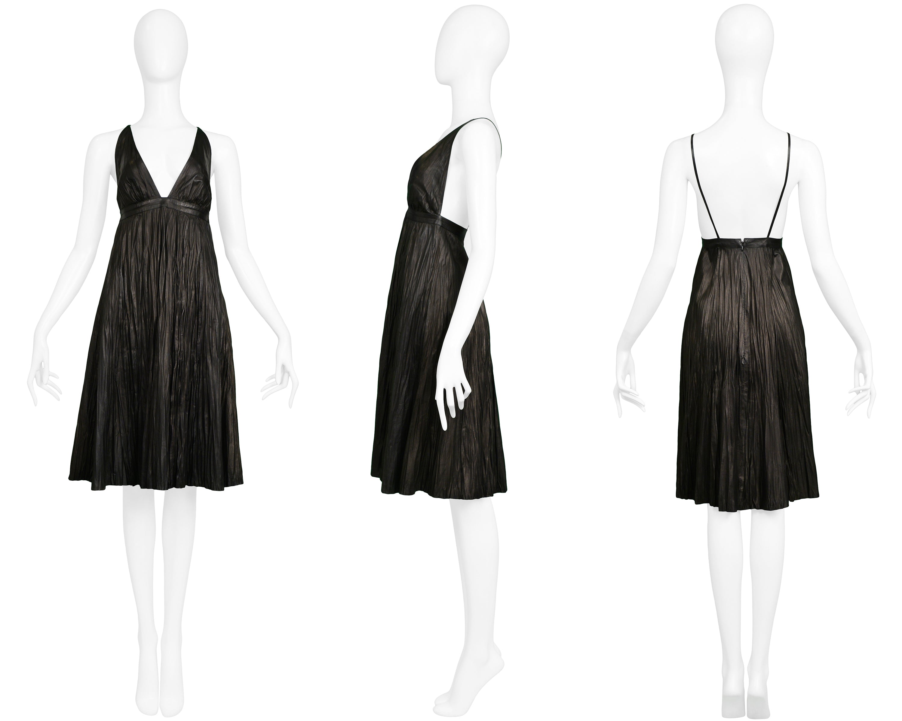 ALEXANDER MCQUEEN BLACK LEATHER FORTUNY CRINKLE DRESS 2006