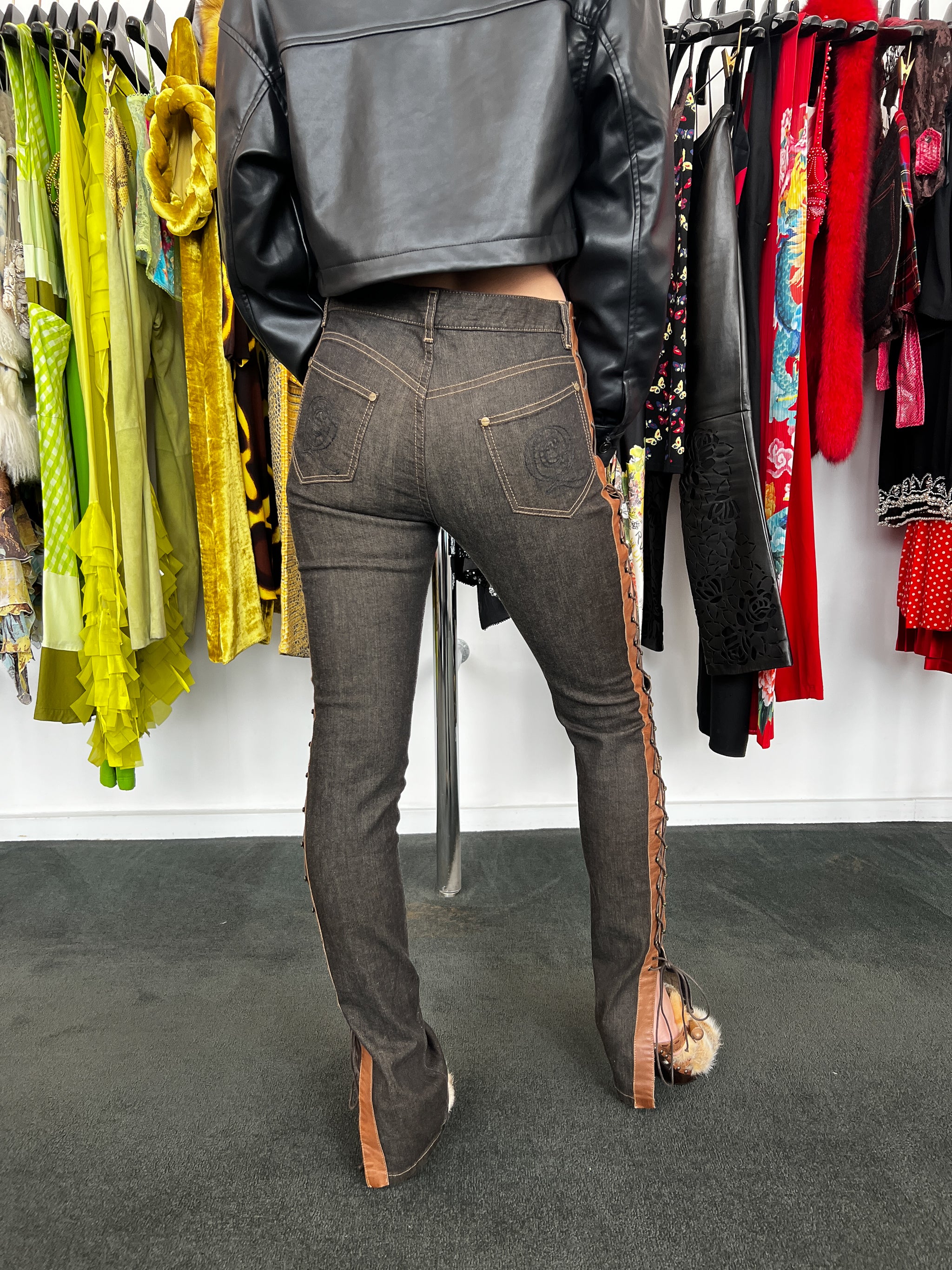 ALEXANDER MCQUEEN DENIM & BROWN LEATHER CORSET JEANS 2002