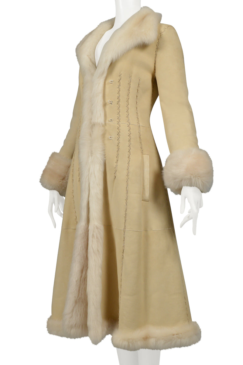 ALEXANDER MCQUEEN OFF WHITE SUEDE COAT WITH SHEARLING INTERIOR