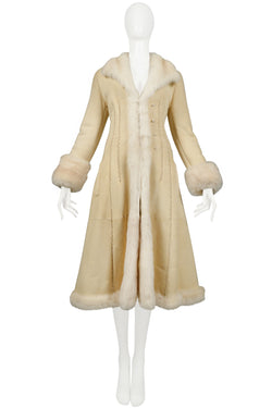 ALEXANDER MCQUEEN OFF WHITE SUEDE COAT WITH SHEARLING INTERIOR