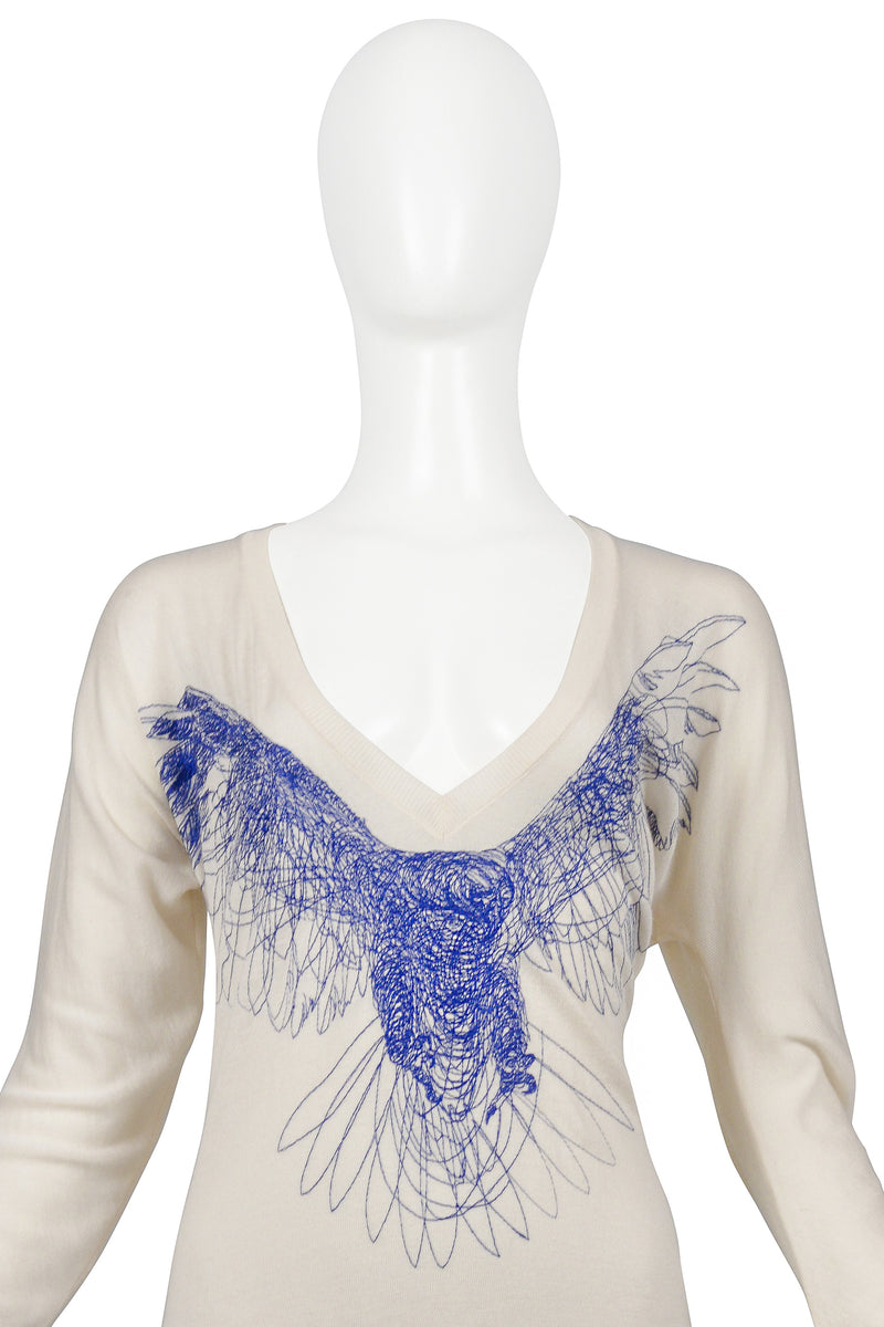 ALEXANDER MCQUEEN OFF-WHITE CASHMERE SWEATER DRESS WITH EMBROIDERED BIRD