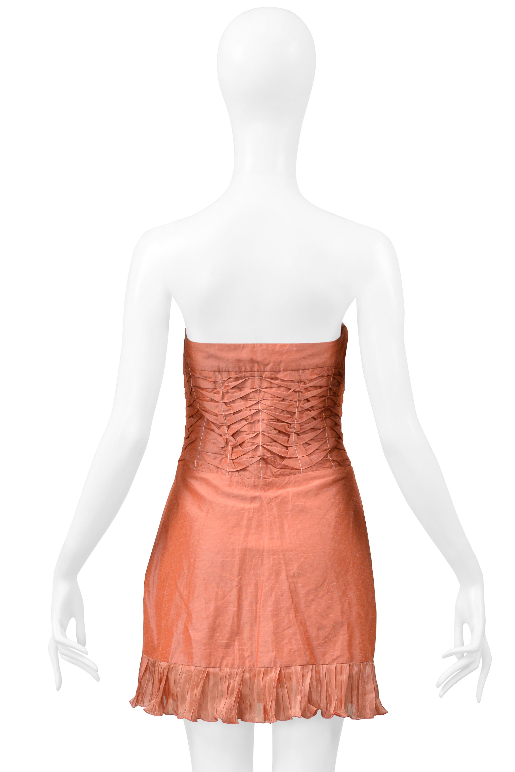 ALEXANDER MCQUEEN PINK PLEATED STRAPLESS DRESS WITH RUFFLE 1990s