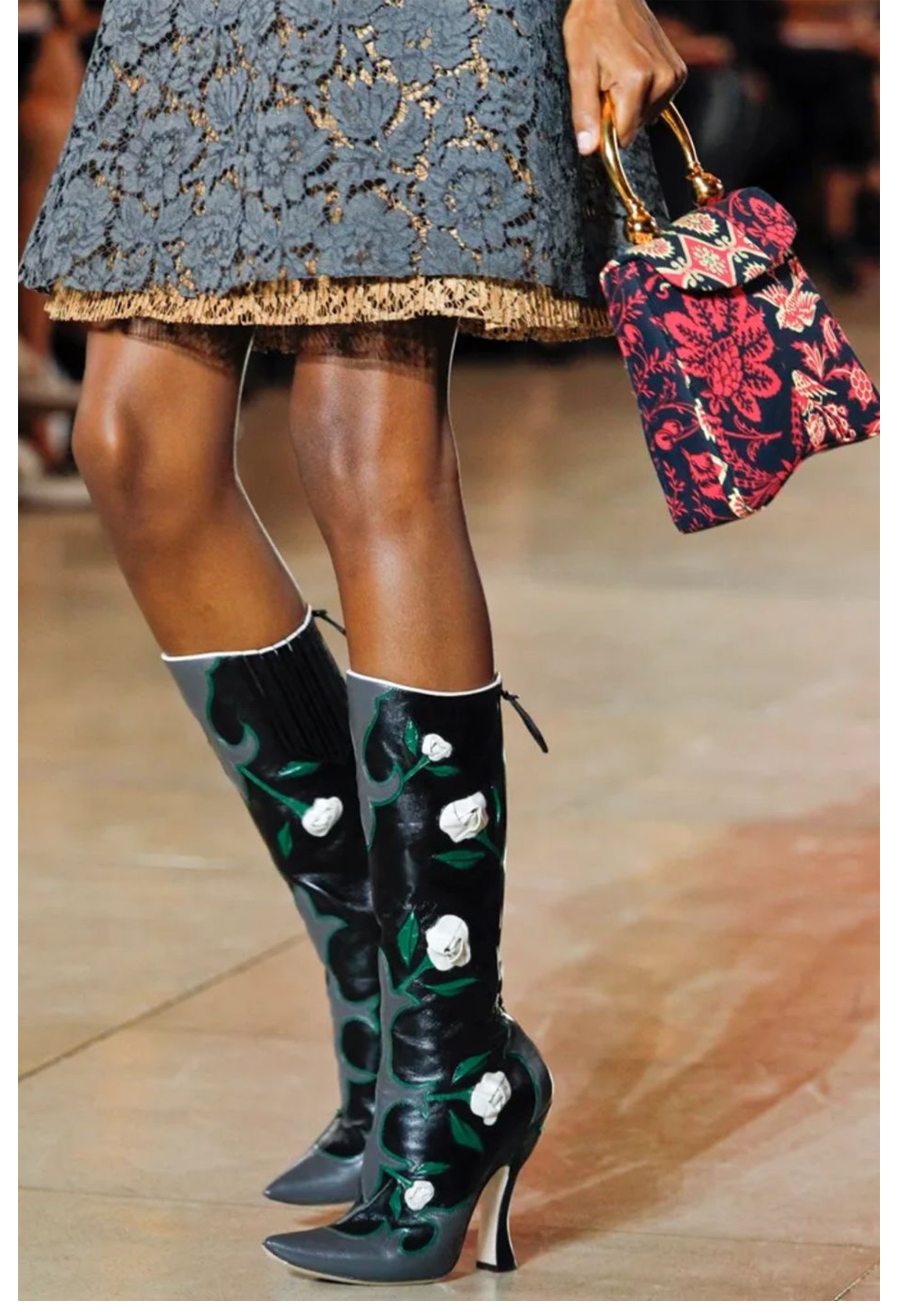 MIU MIU BLACK LEATHER BOOTS WITH BLUE ROSES 2012