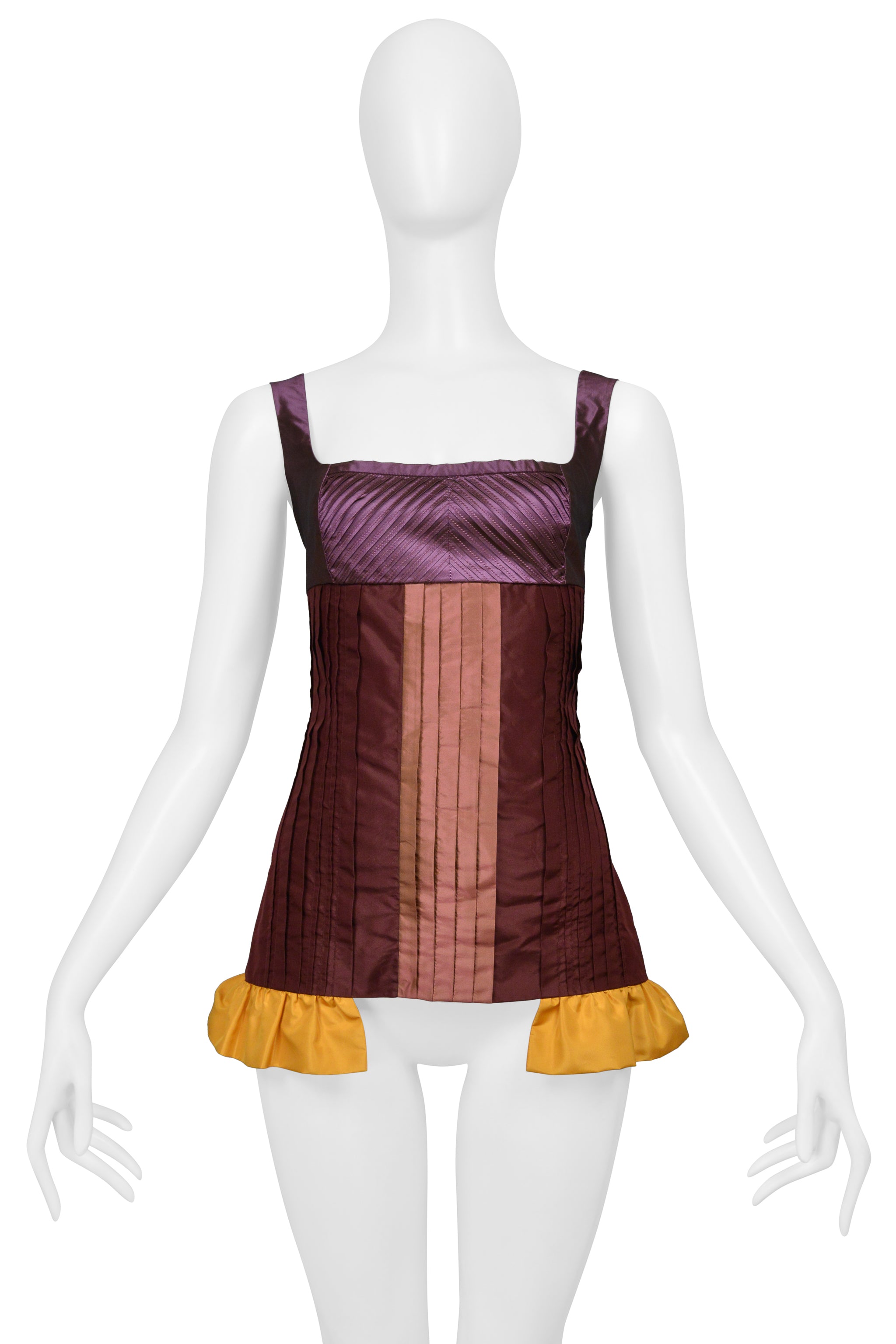 MIU MIU PURPLE RED AND YELLOW PLEATED TOP WITH RUFFLE HEM 2008