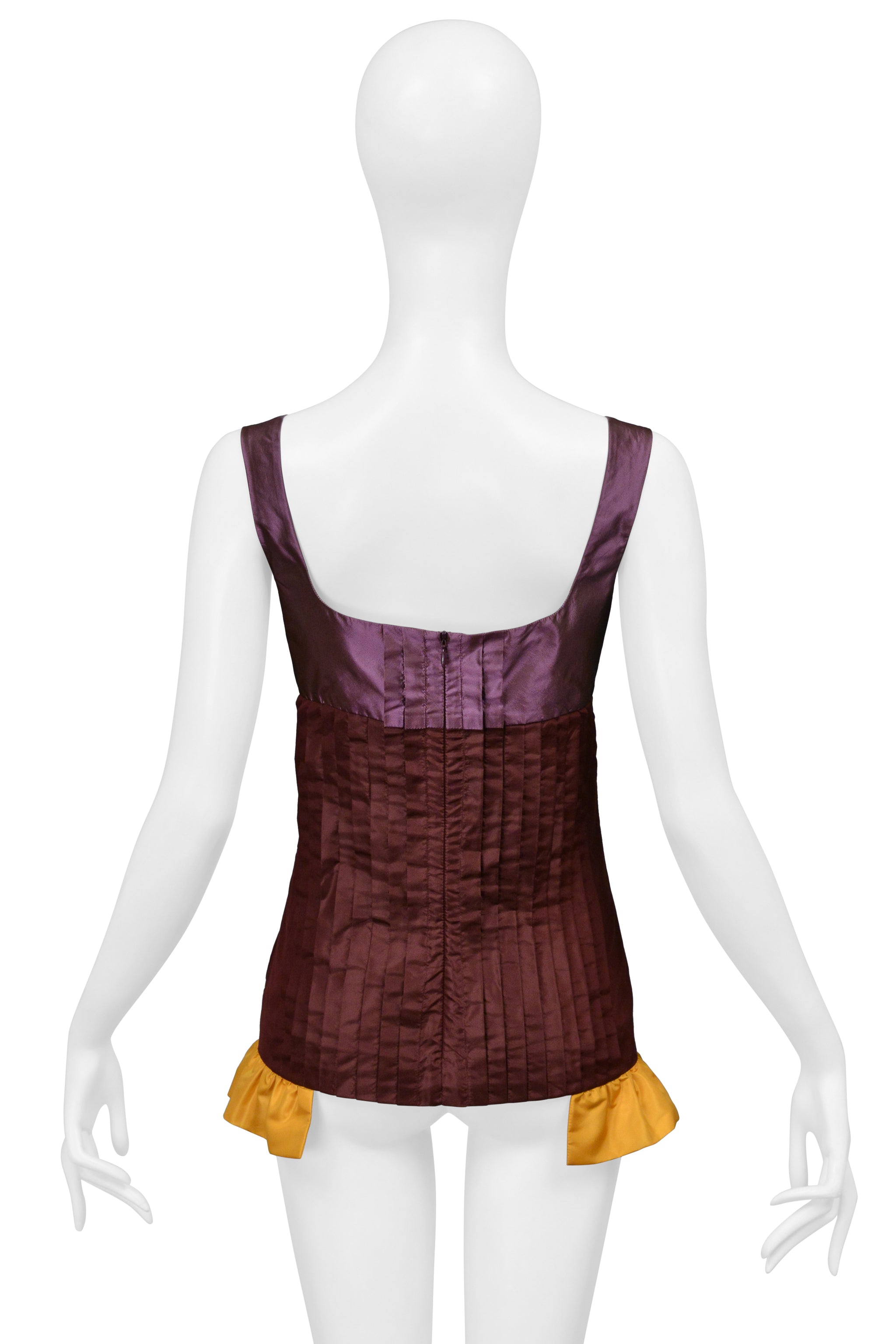 MIU MIU PURPLE RED AND YELLOW PLEATED TOP WITH RUFFLE HEM 2008