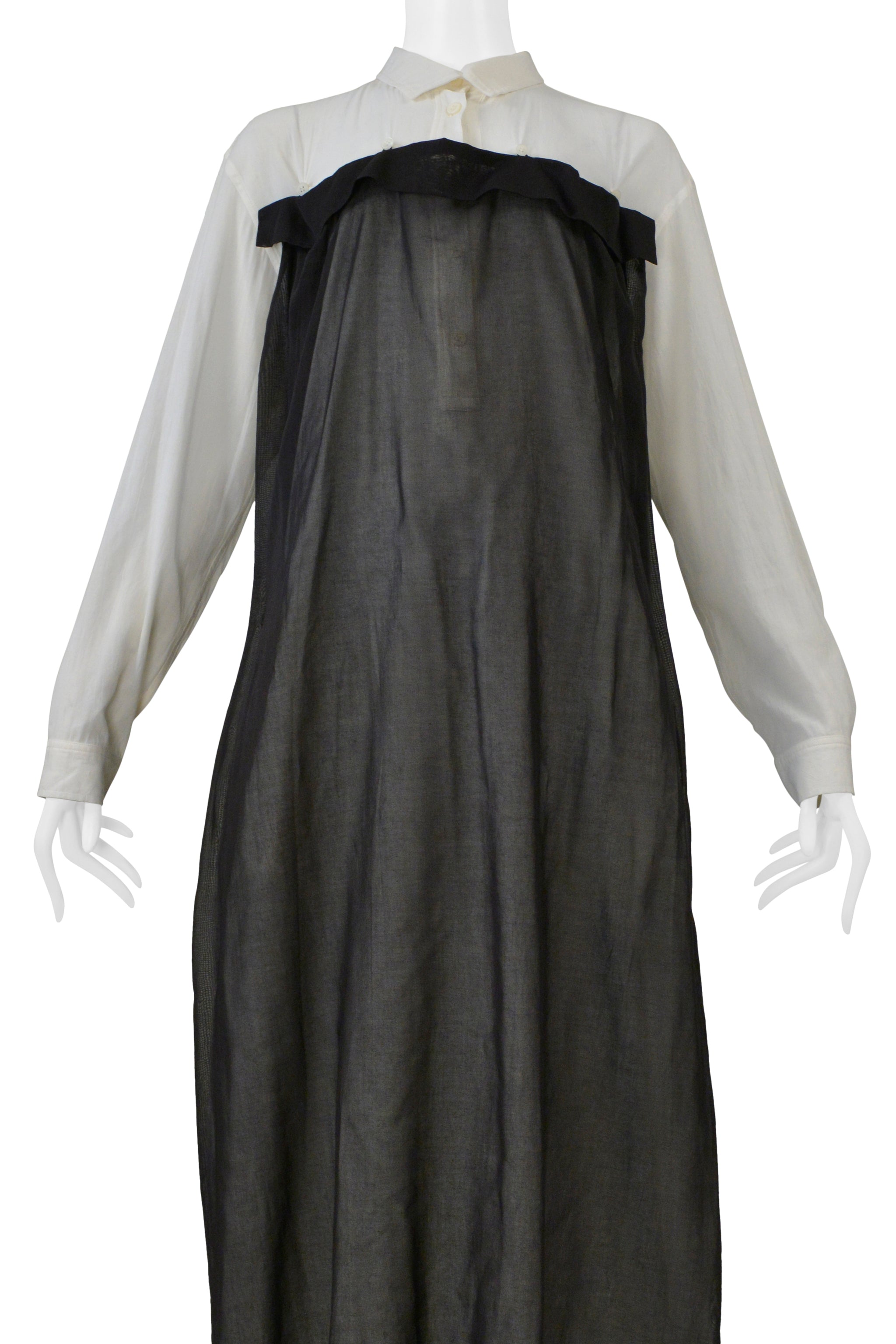 ISSEY MIYAKE OFF WHITE SHIRT DRESS WITH BLACK BUTTON OVERLAY 1998-1999