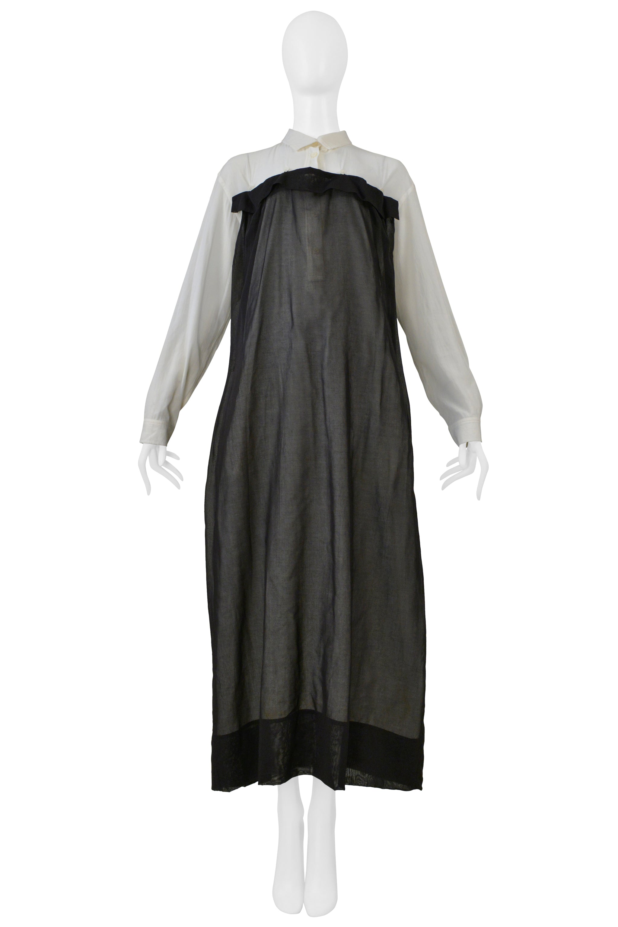 ISSEY MIYAKE OFF WHITE SHIRT DRESS WITH BLACK BUTTON OVERLAY 1998-1999