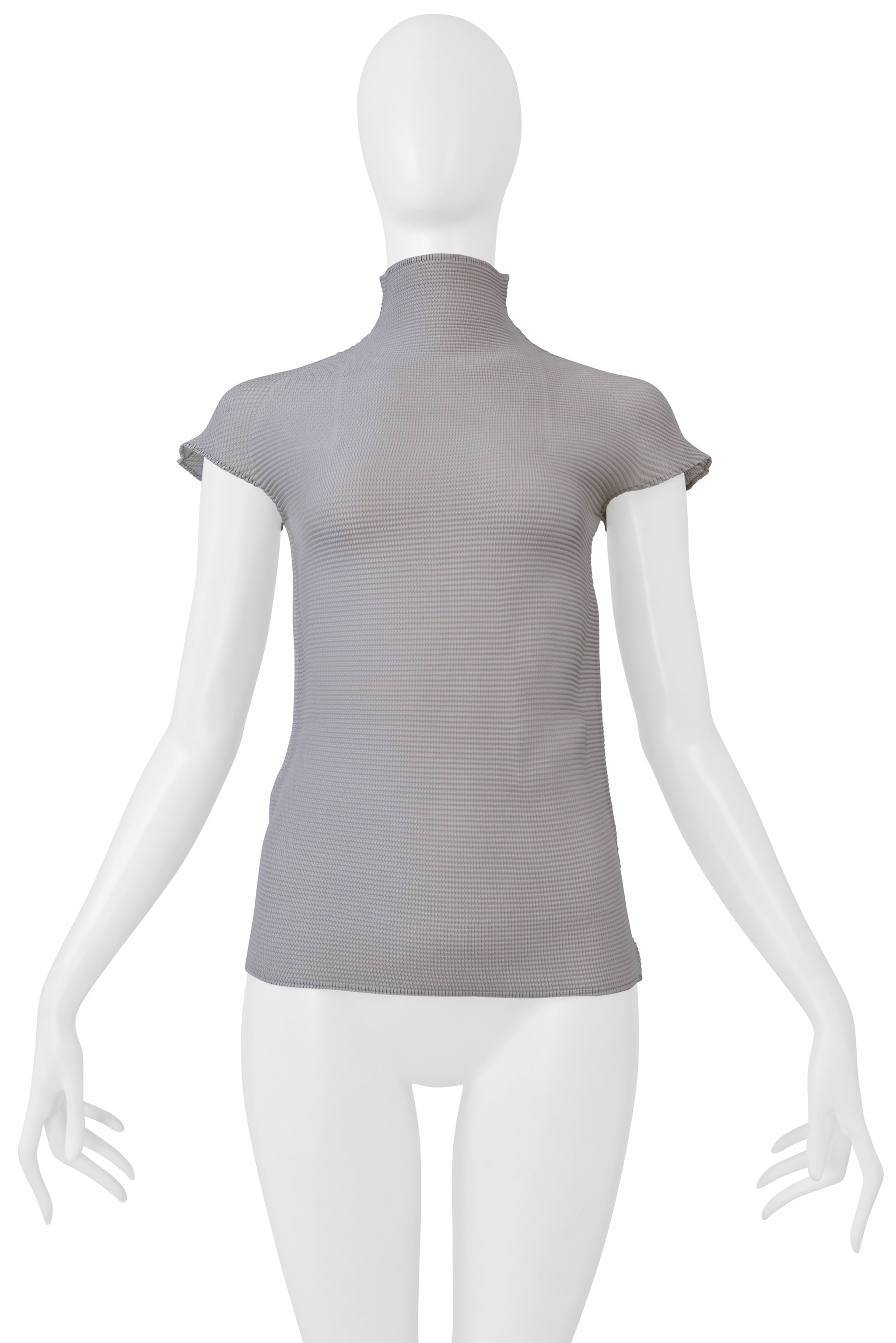 ISSEY MIYAKE PLEATS DI MIYAKE PUTTY COLORED PLEATED HIGH NECK SHORT SLEEVE TOP 2000
