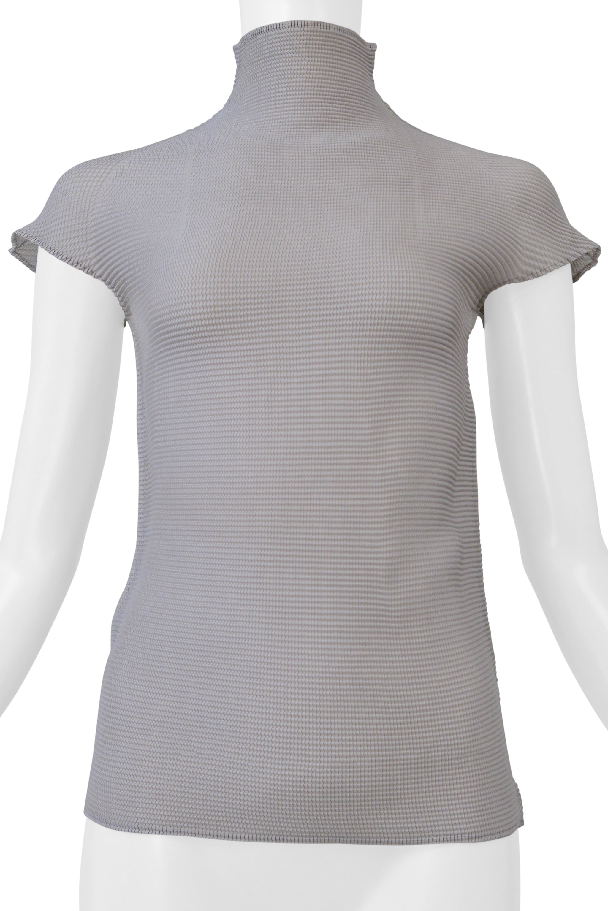 ISSEY MIYAKE PLEATS DI MIYAKE PUTTY COLORED PLEATED HIGH NECK SHORT SLEEVE TOP 2000