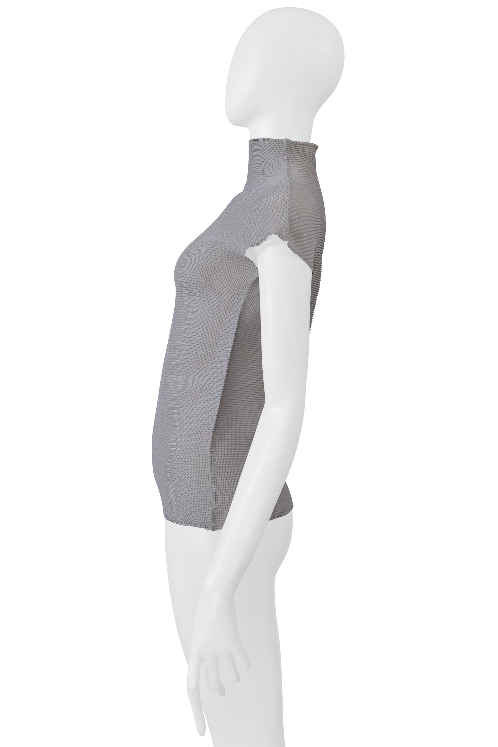 ISSEY MIYAKE PLEATS DI MIYAKE PUTTY COLORED PLEATED HIGH NECK SHORT SLEEVE TOP 2000