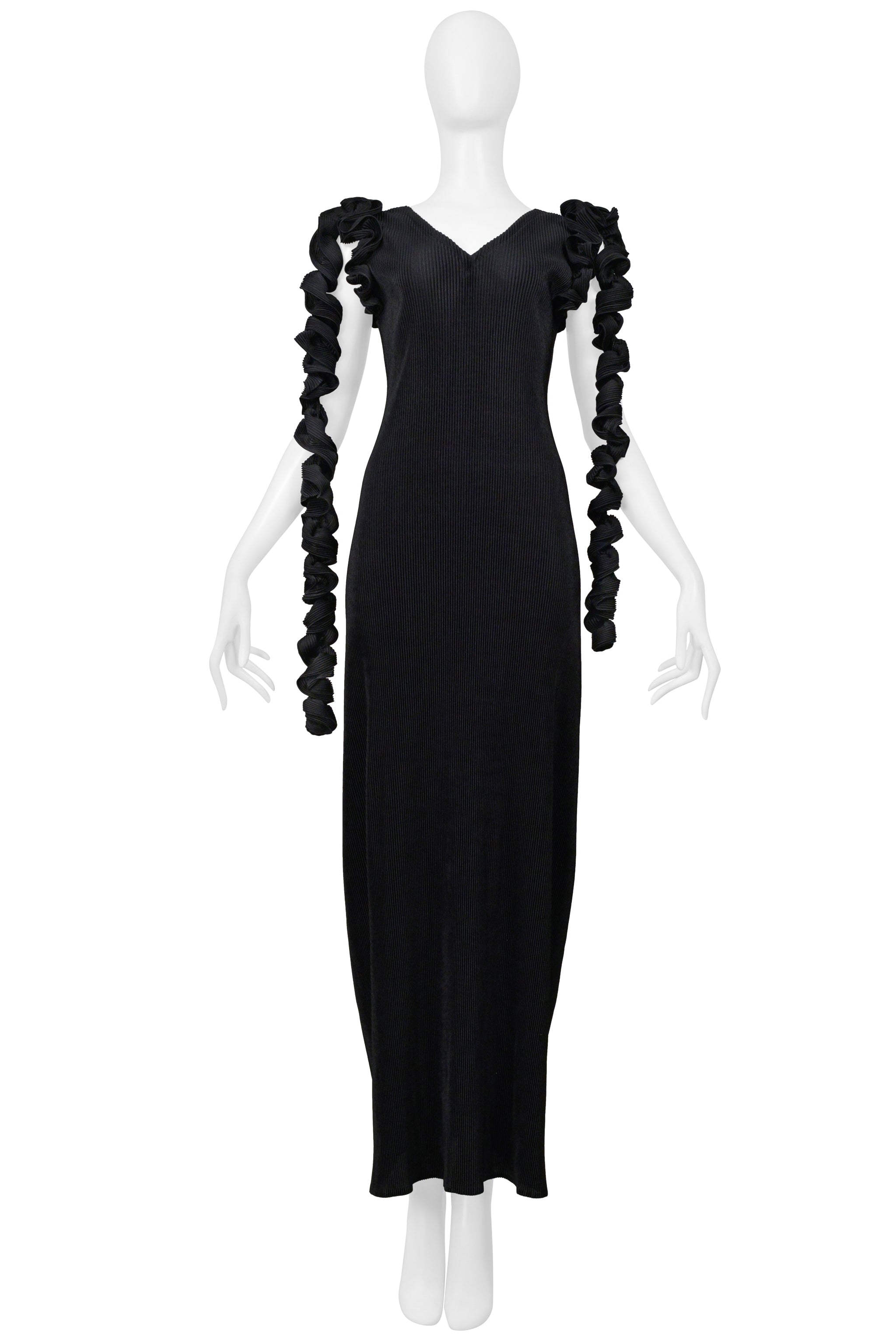 ISSEY MIYAKE BLACK PLEATED GOWN WITH SPIRAL TENDRILS 2000-2001