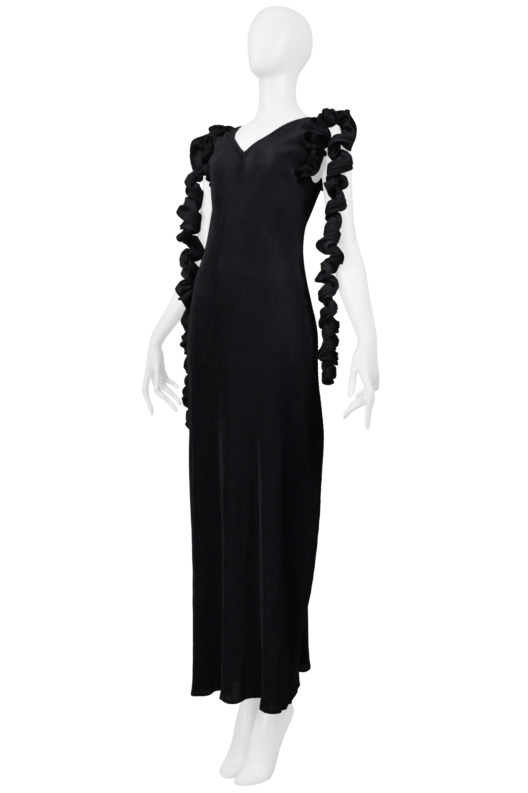 ISSEY MIYAKE BLACK PLEATED GOWN WITH SPIRAL TENDRILS 2000-2001