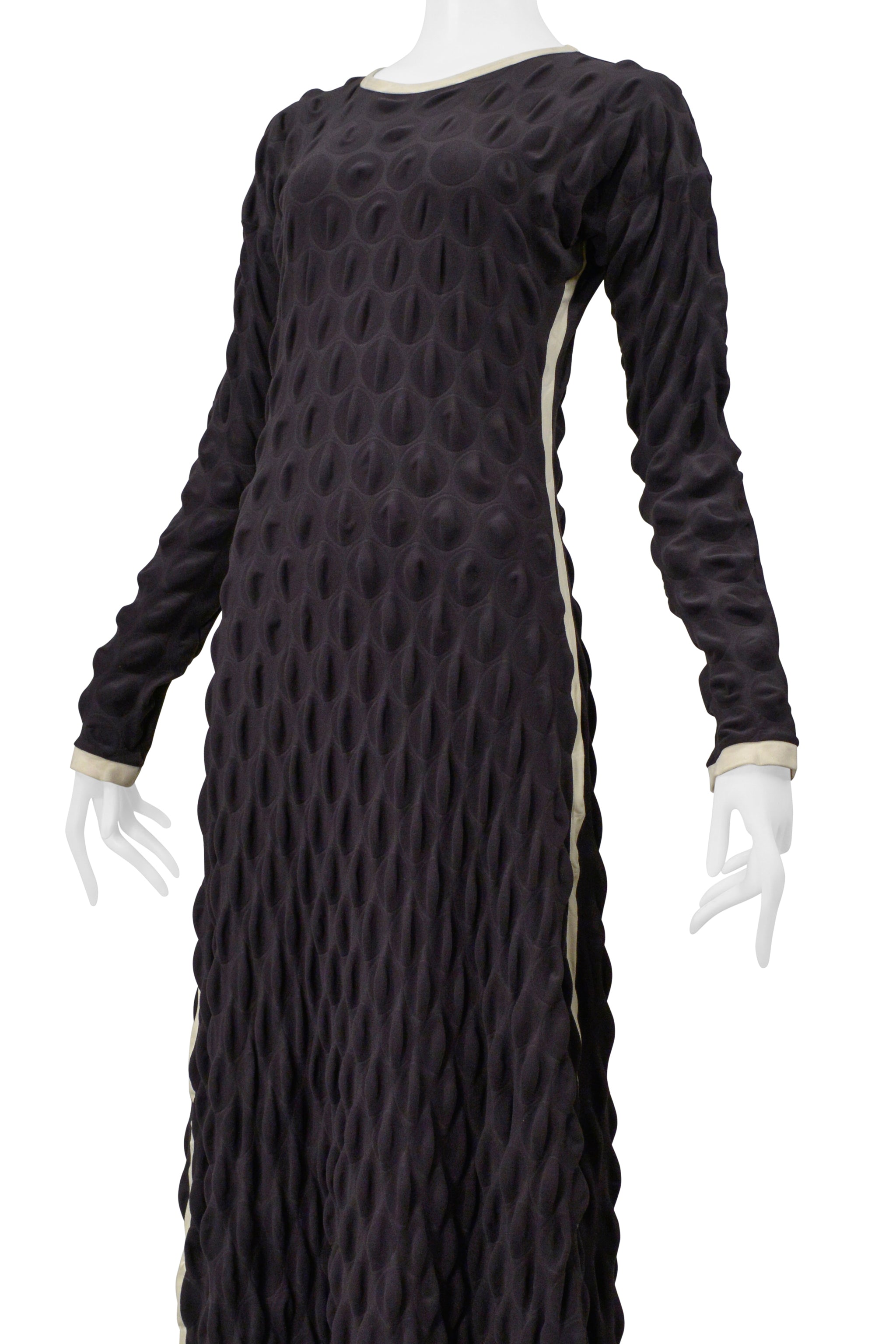 ISSEY MIYAKE BLACK "EGG CARTON" DRESS WITH OFF WHITE TRIM 2000