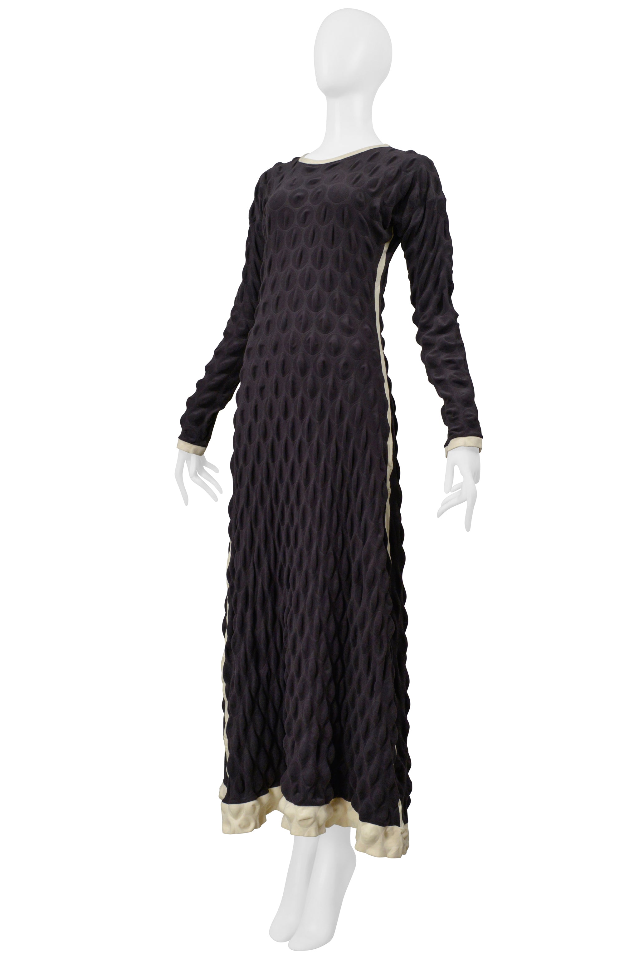 ISSEY MIYAKE BLACK "EGG CARTON" DRESS WITH OFF WHITE TRIM 2000