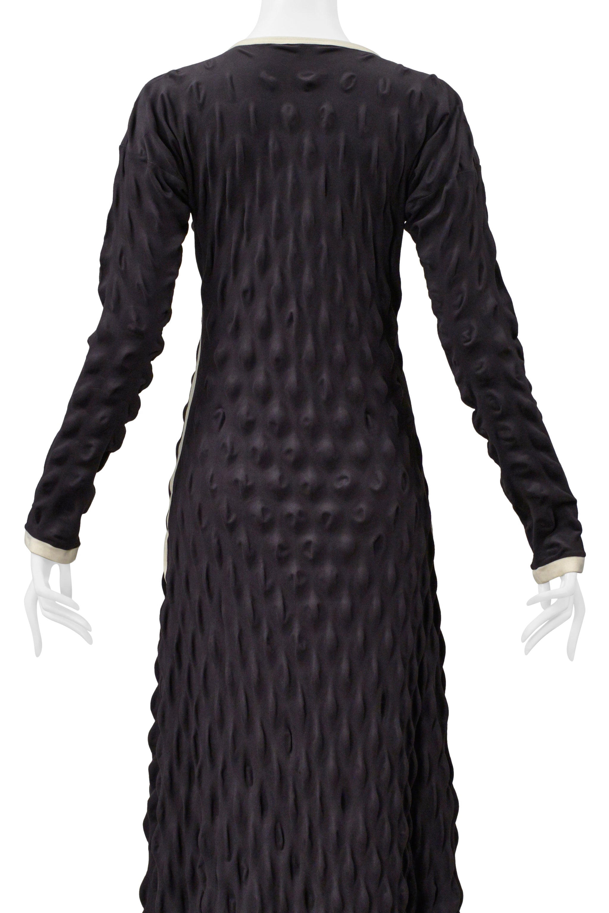 ISSEY MIYAKE BLACK "EGG CARTON" DRESS WITH OFF WHITE TRIM 2000