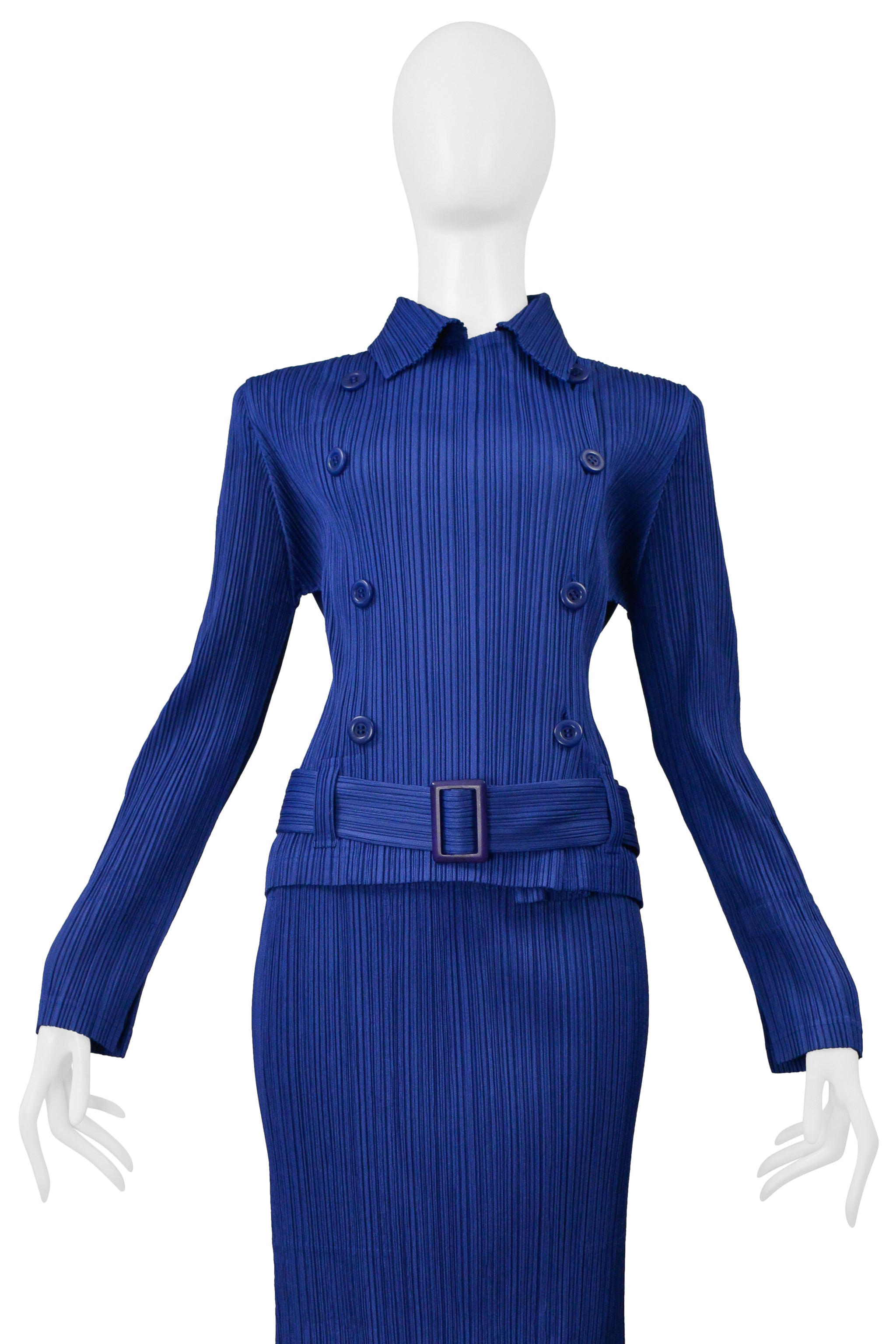 ISSEY MIYAKE PLEATS PLEASE BLUE PLEATED JACKET & SKIRT ENSEMBLE 2000