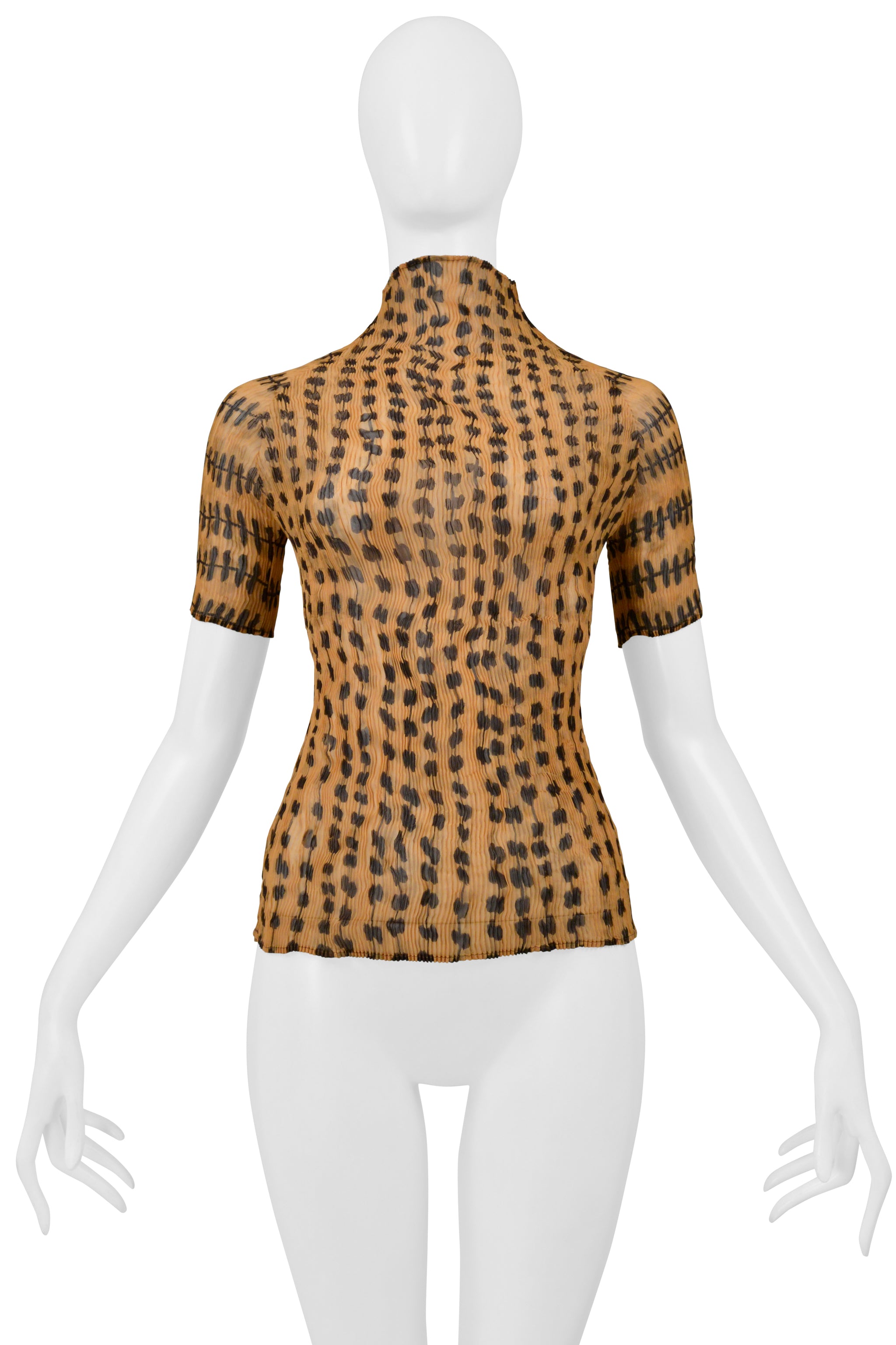 ISSEY MIYAKE TAN PLEATED SHEER TOP WITH ABSTRACT PRINT SS 2000