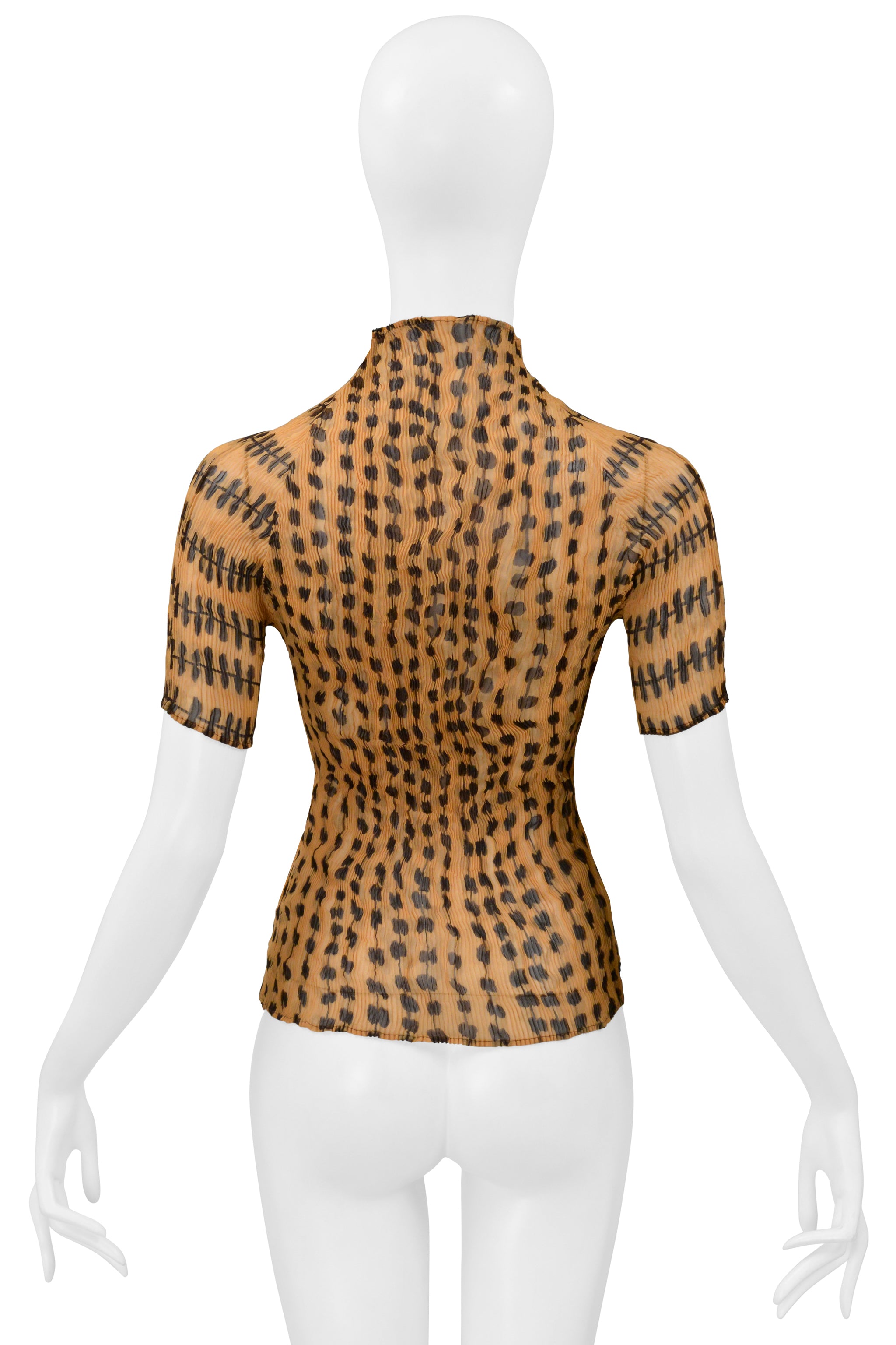 ISSEY MIYAKE TAN PLEATED SHEER TOP WITH ABSTRACT PRINT SS 2000