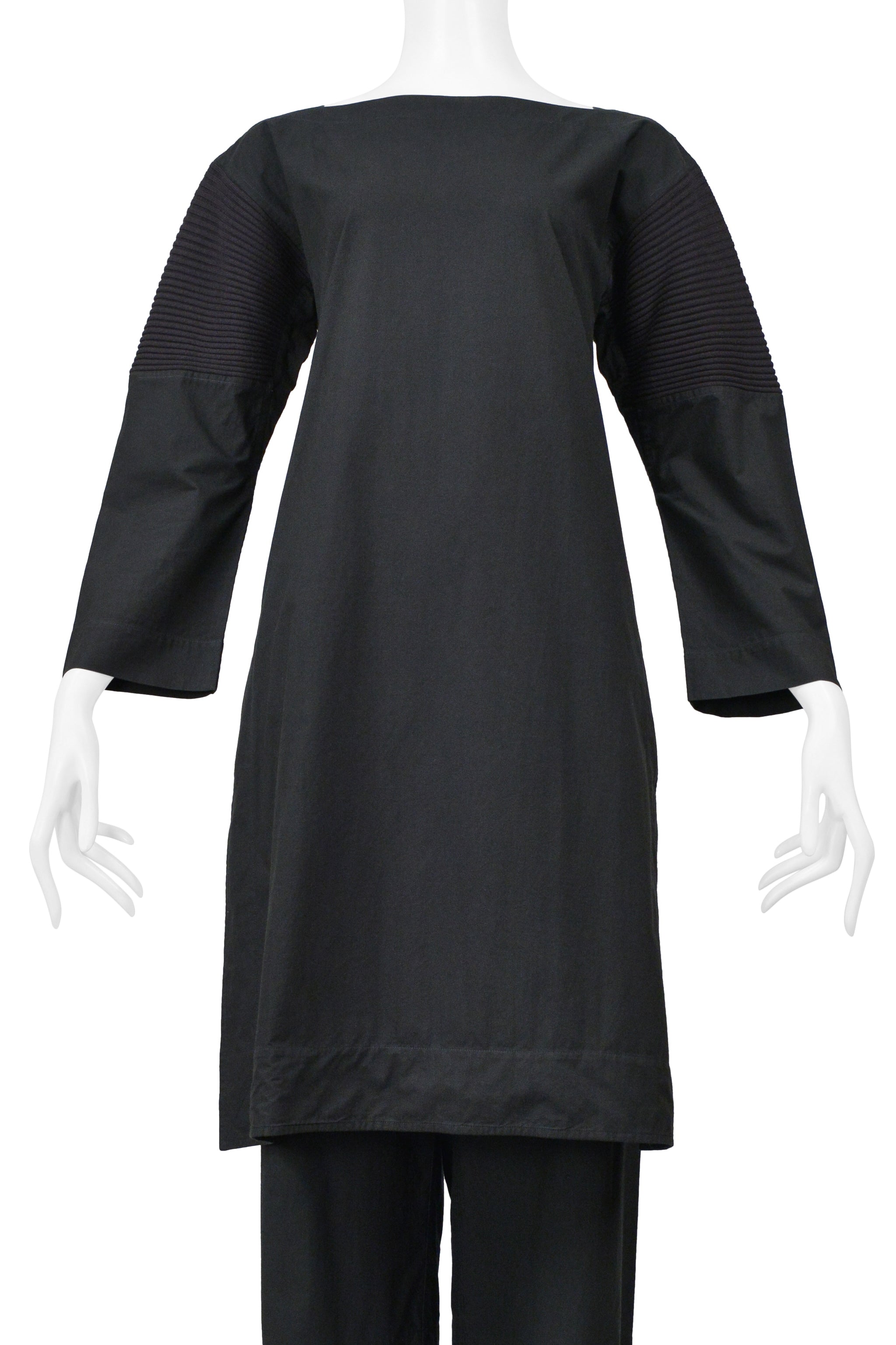 ISSEY MIYAKE BLACK GREEN ENSEMBLE WITH BOAT NECK TOP AND WIDE LEG TROUSERS 2001