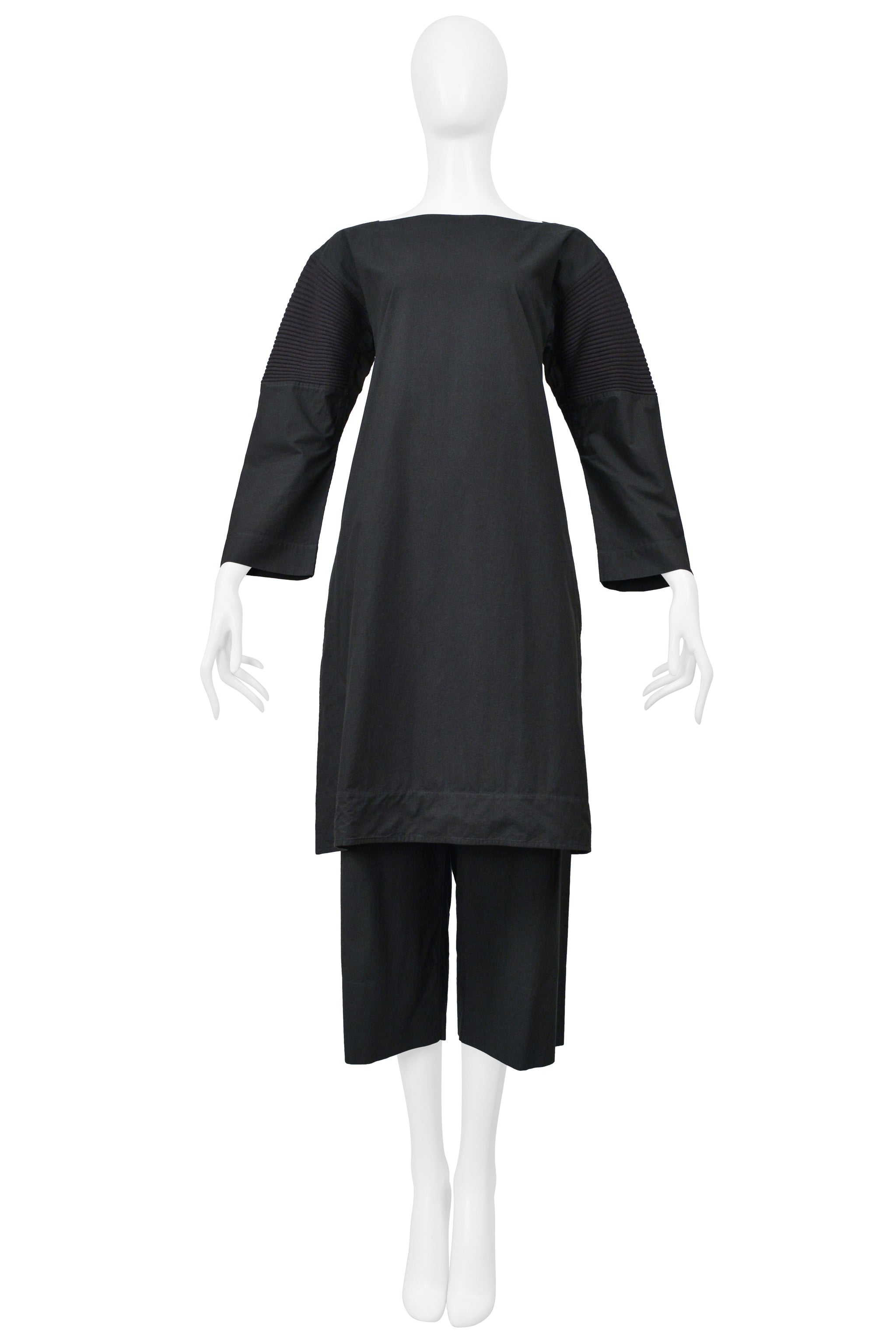 ISSEY MIYAKE BLACK GREEN ENSEMBLE WITH BOAT NECK TOP AND WIDE LEG TROUSERS 2001