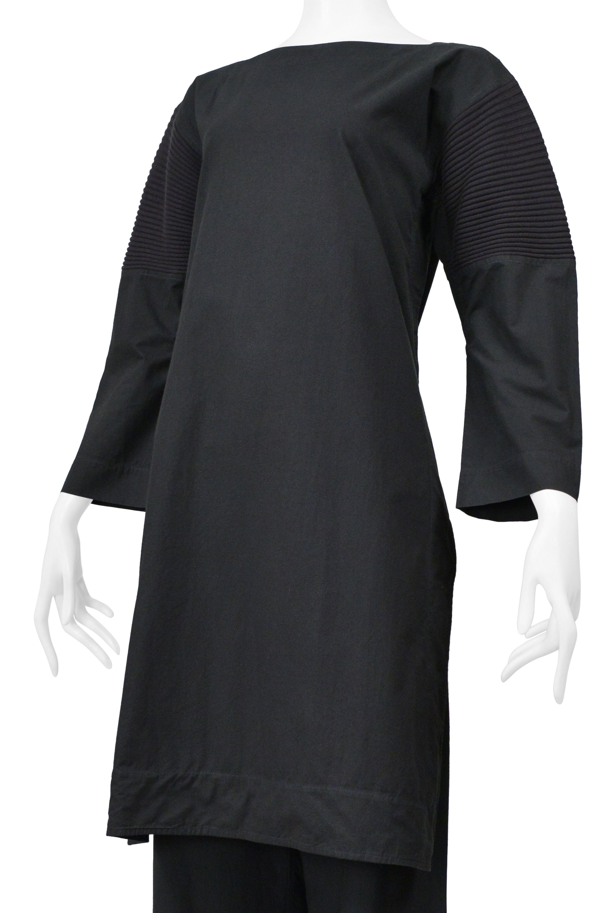 ISSEY MIYAKE BLACK GREEN ENSEMBLE WITH BOAT NECK TOP AND WIDE LEG TROUSERS 2001