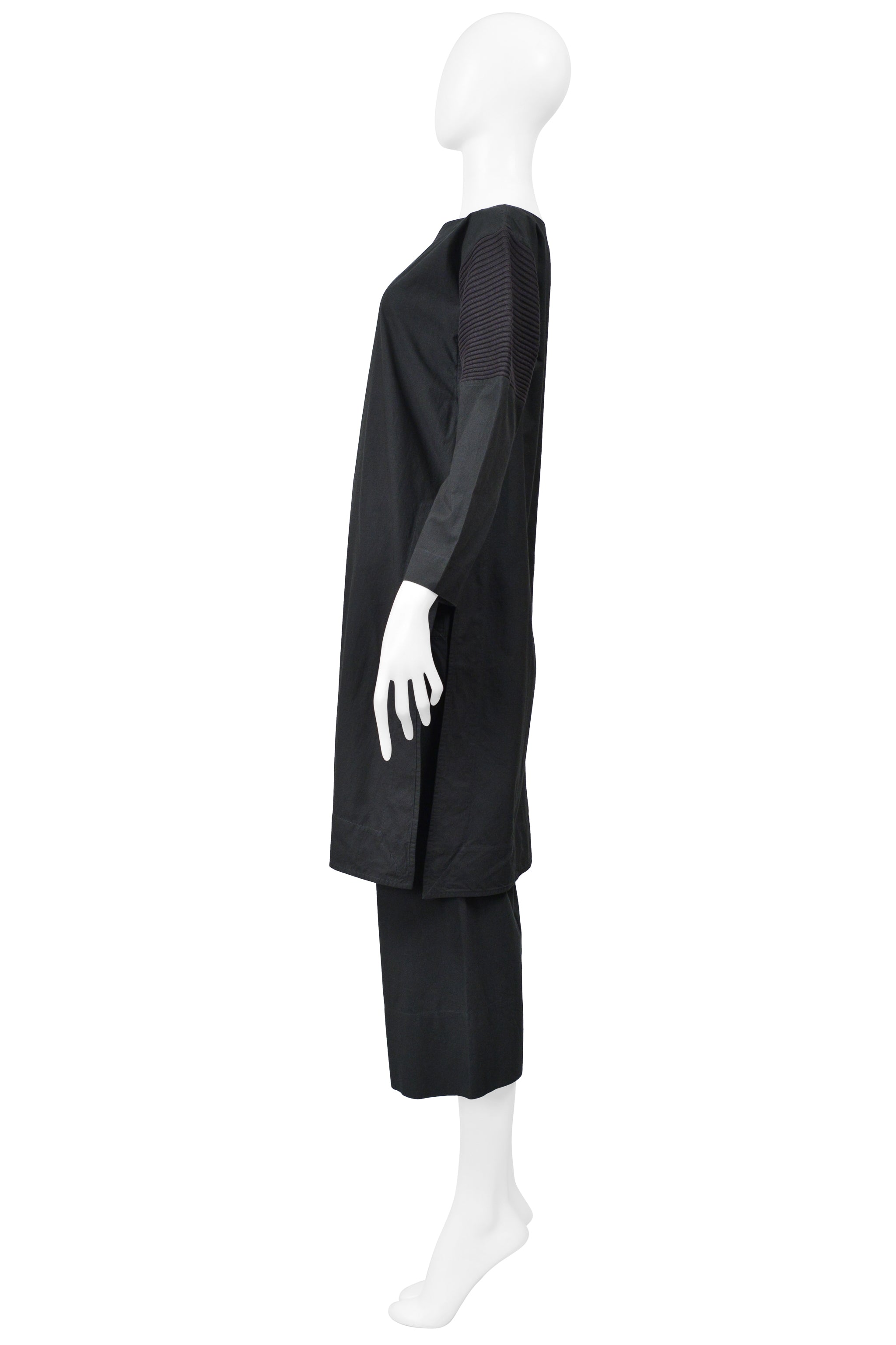 ISSEY MIYAKE BLACK GREEN ENSEMBLE WITH BOAT NECK TOP AND WIDE LEG TROUSERS 2001