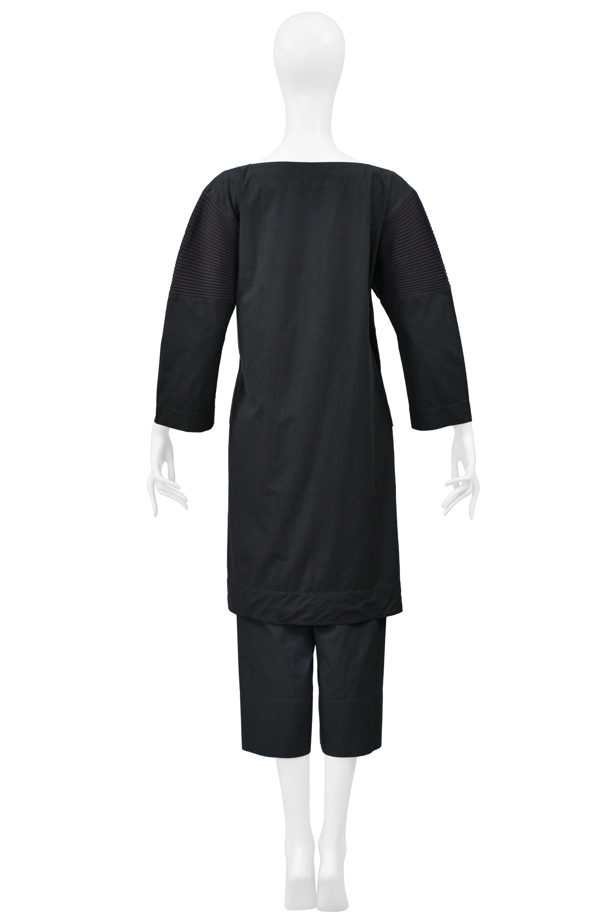 ISSEY MIYAKE BLACK GREEN ENSEMBLE WITH BOAT NECK TOP AND WIDE LEG TROUSERS 2001